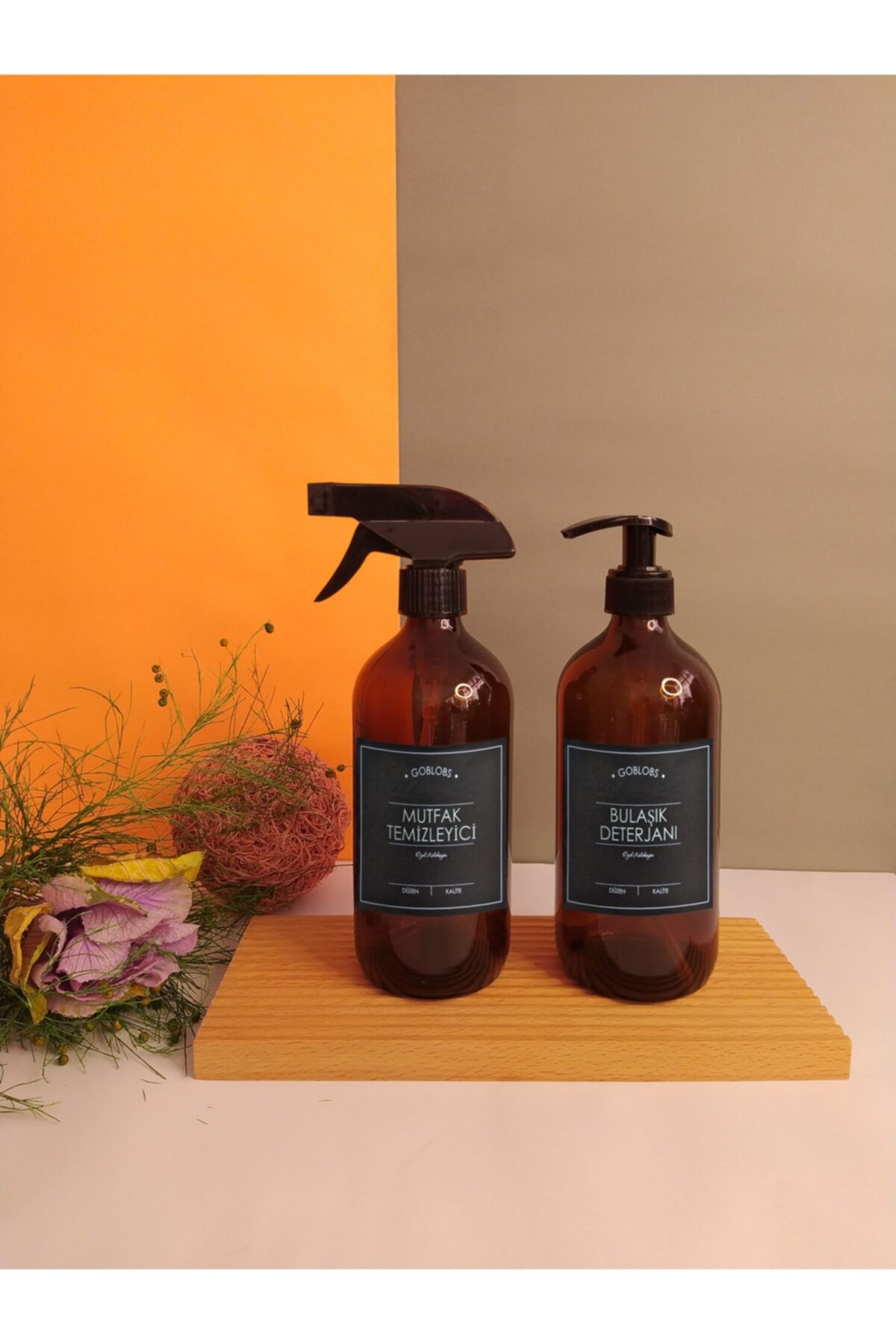 GO BLOBS 2'li Set 500ml Amber Kahverengi Cam Şişe Mutfak Temizleyici Sprey & Bulaşık Deterjanı Siyah Etiketli