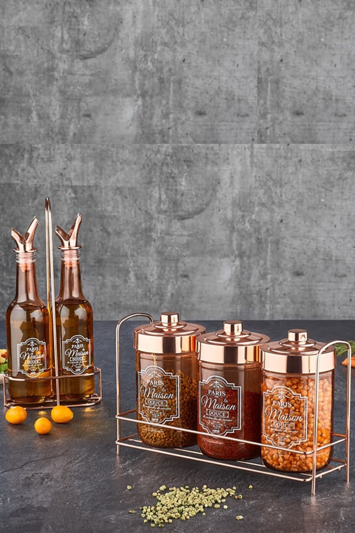Ensezon Rose Gold Paris Desen Yağlık & Sirkelik 3'lü Baharatlık Seti