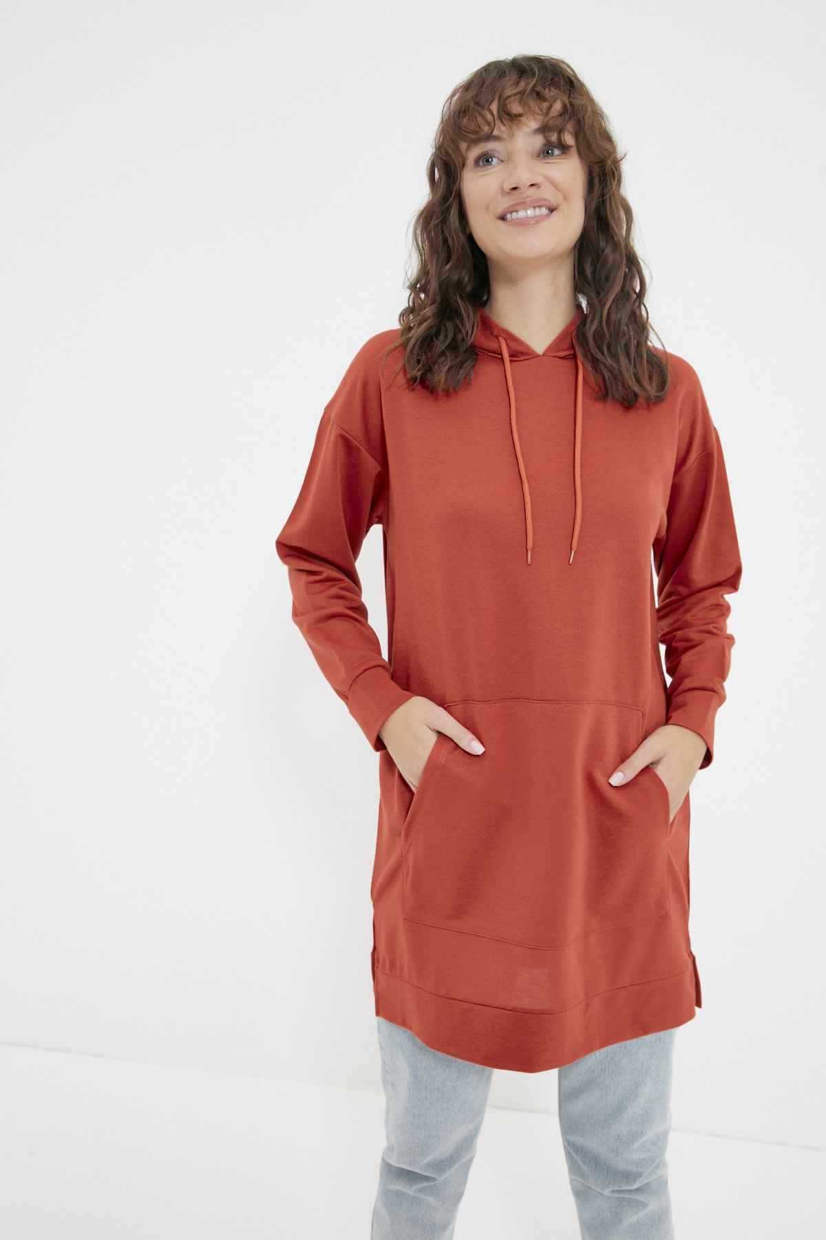 Trendyol Modest Kiremit Kapüşonlu Basic Örme Sweatshirt TCTAW22TW0139