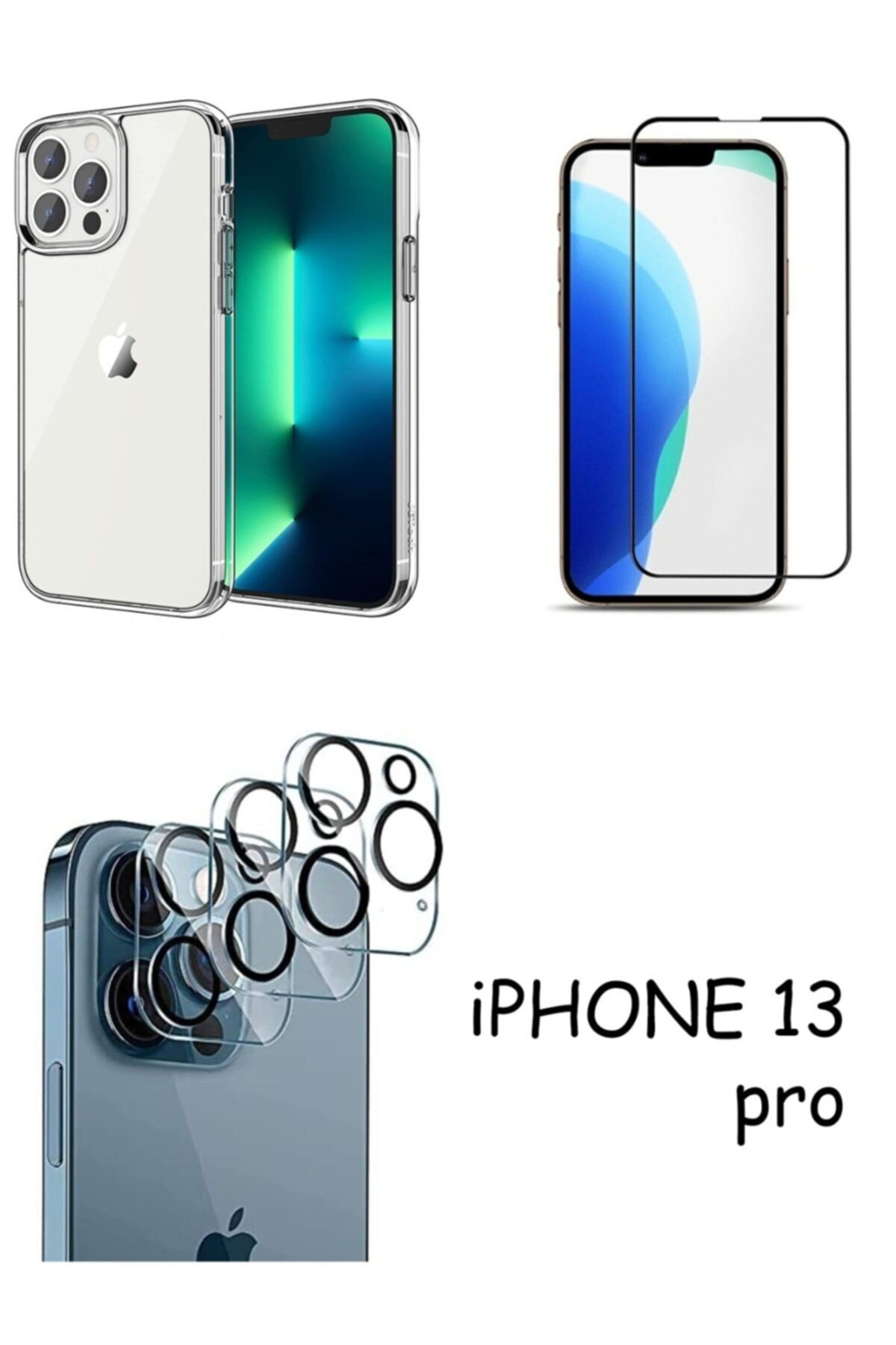 Mislina Iphone 13 Pro Uyumlu Şeffaf Kılıf + Ekran Koruyucu Kırılmaz Cam + Kamera Lens Koruyucu