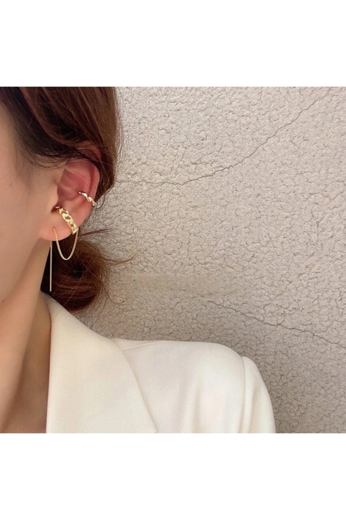 SUGift Çift Parçalı Zincirli Cuff Küpe