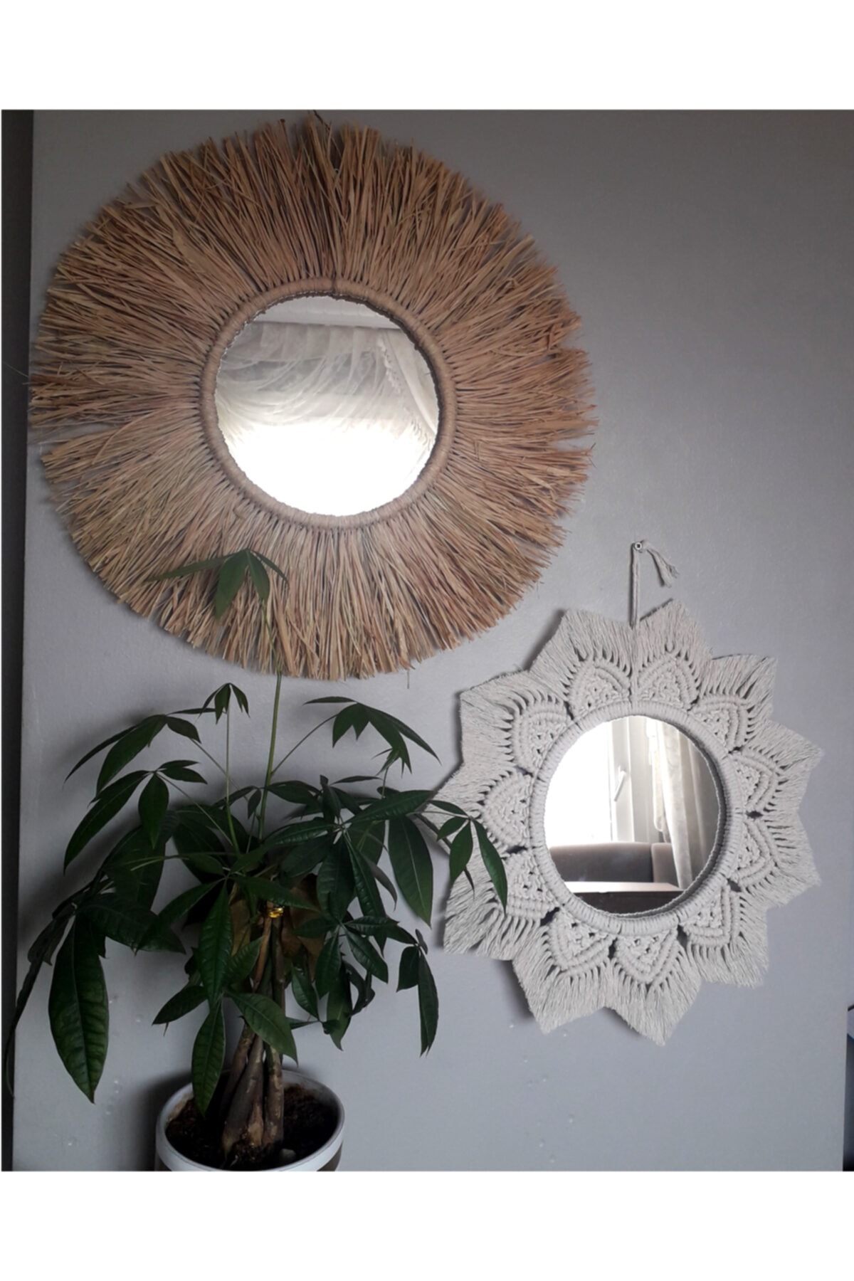 Bohem Handmade Makrome Rafya Ayna Duvar Süsü 2li Set B041