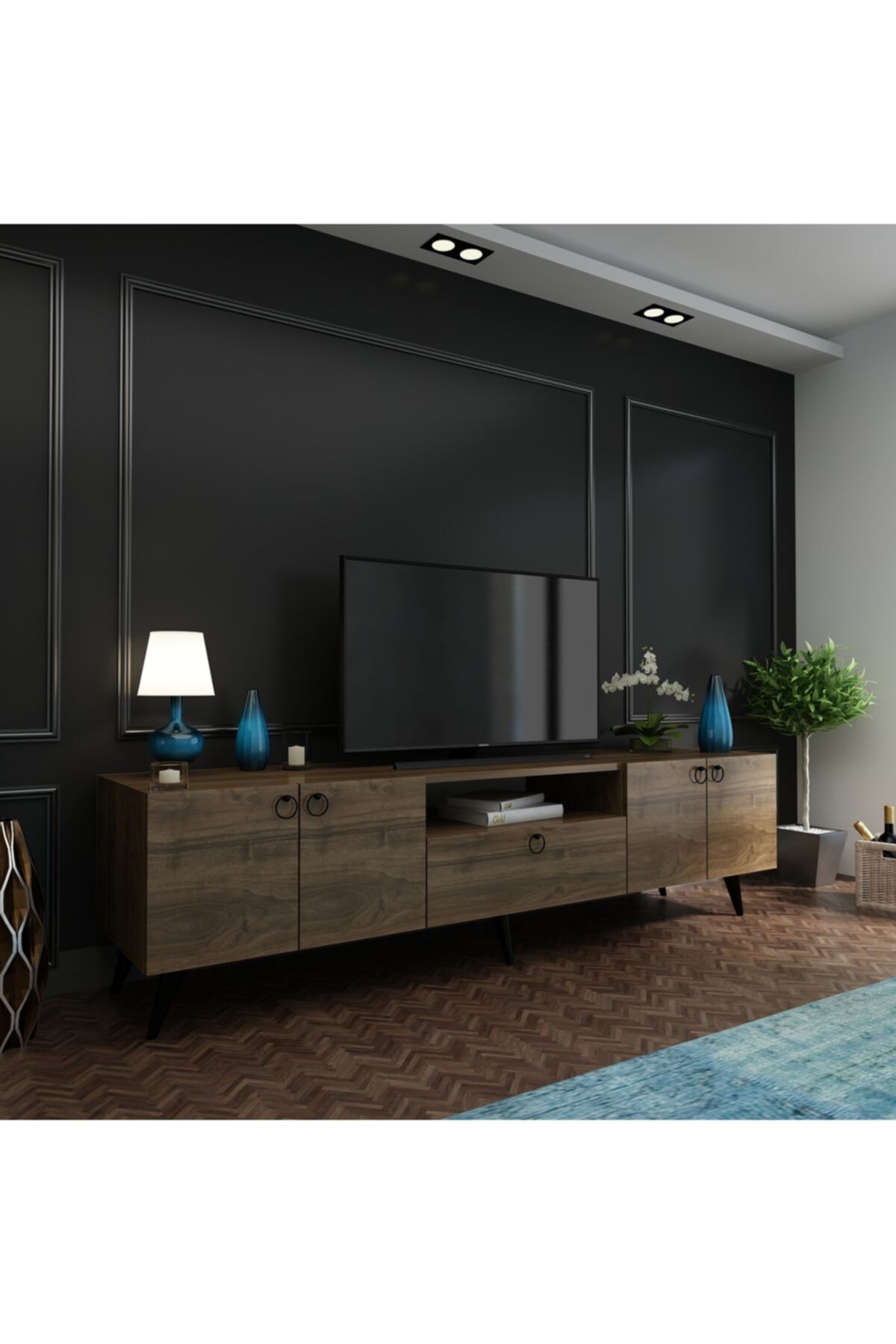 MobilyaFırsat Modern Tv Ünitesi M24-2 Ceviz Dolaplı Metal Kulplu Tv Sehpası