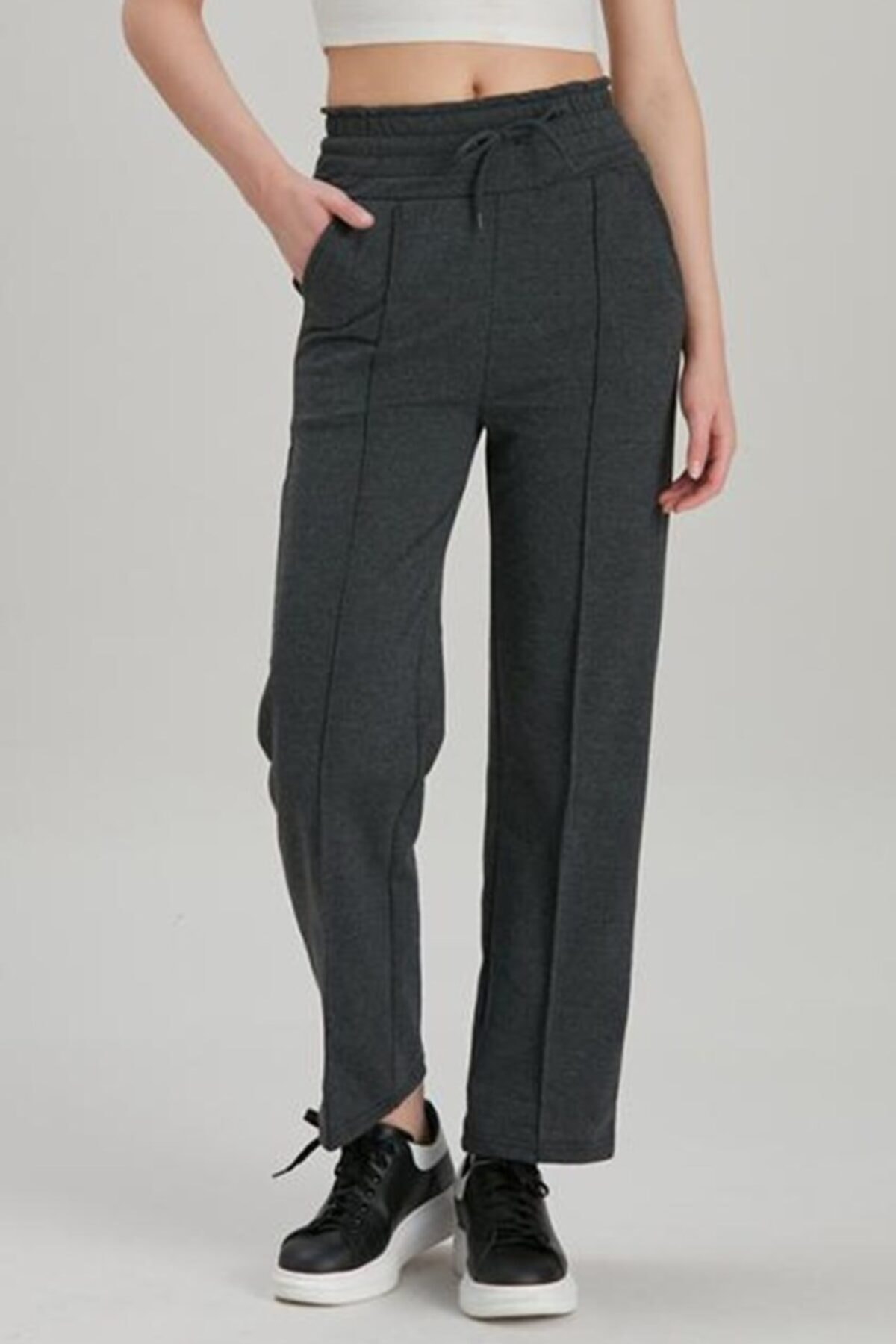 Bestenur Kalın Kemerli Nervür Dikişli Cepli İki İplik Eşofman Altı - Antrasit