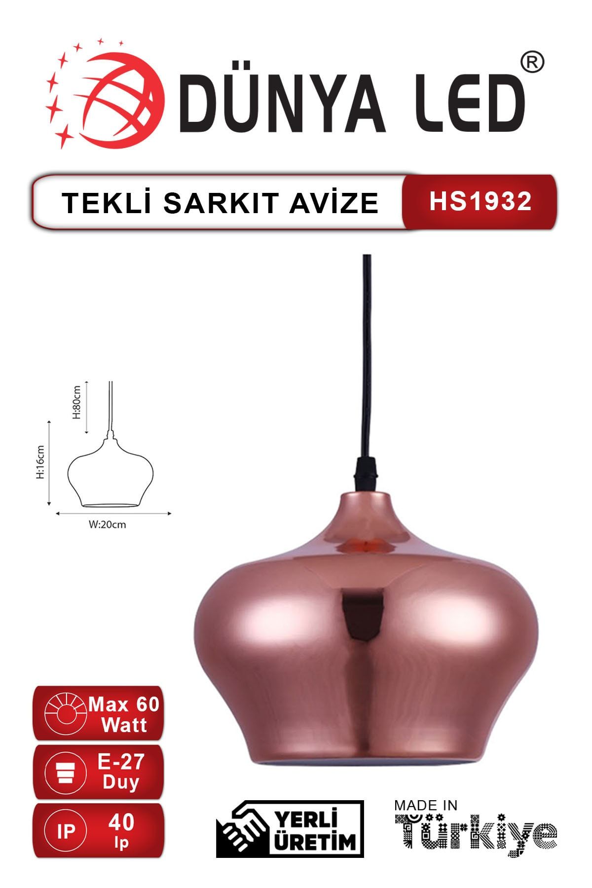 DÜNYA LED Hs.1932 Dekoratif Modern Tekli Avize Rose Gold Salon Cafe Hol Ofis Aydınlatması