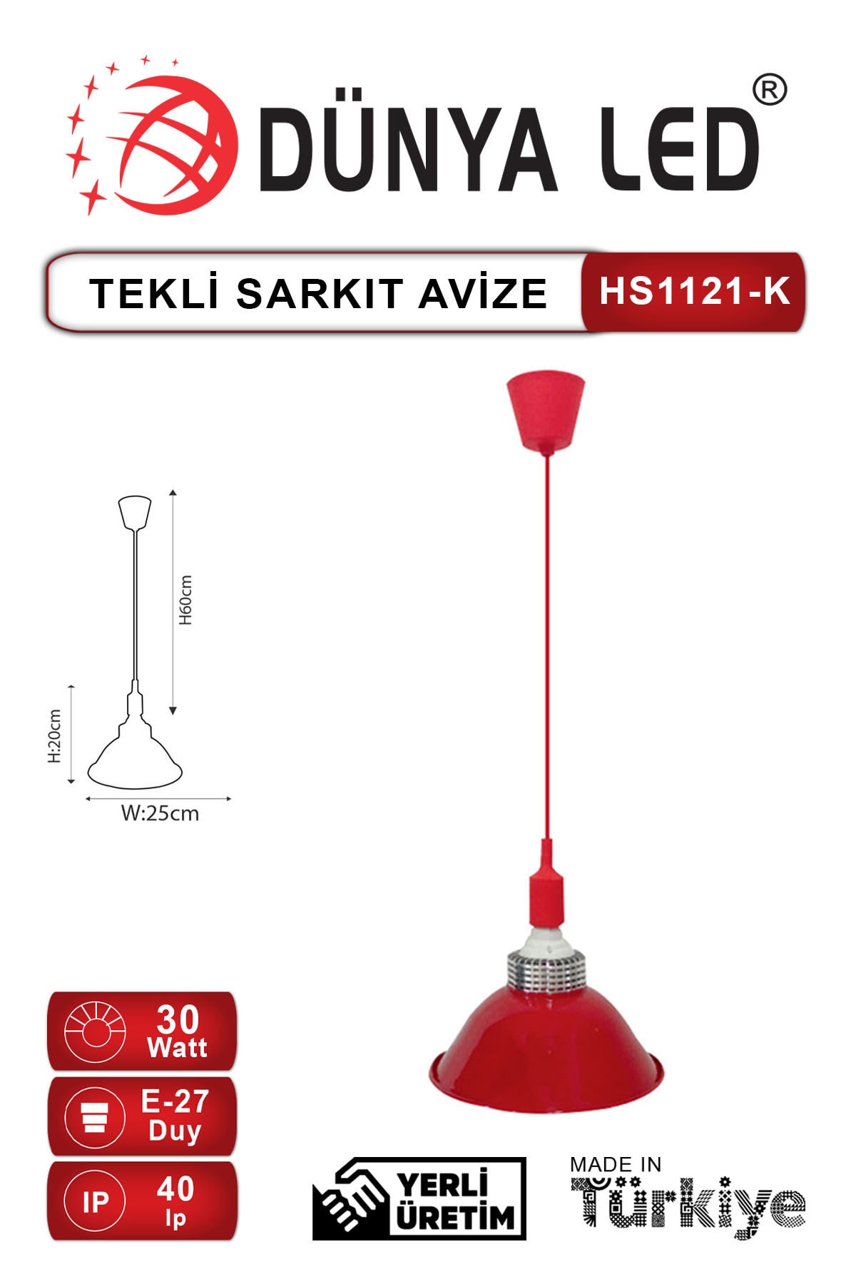 DÜNYA LED Hs.1121-k Sarkıt Avize Kırmızı Salon Cafe Hol Ofis Aydınlatması
