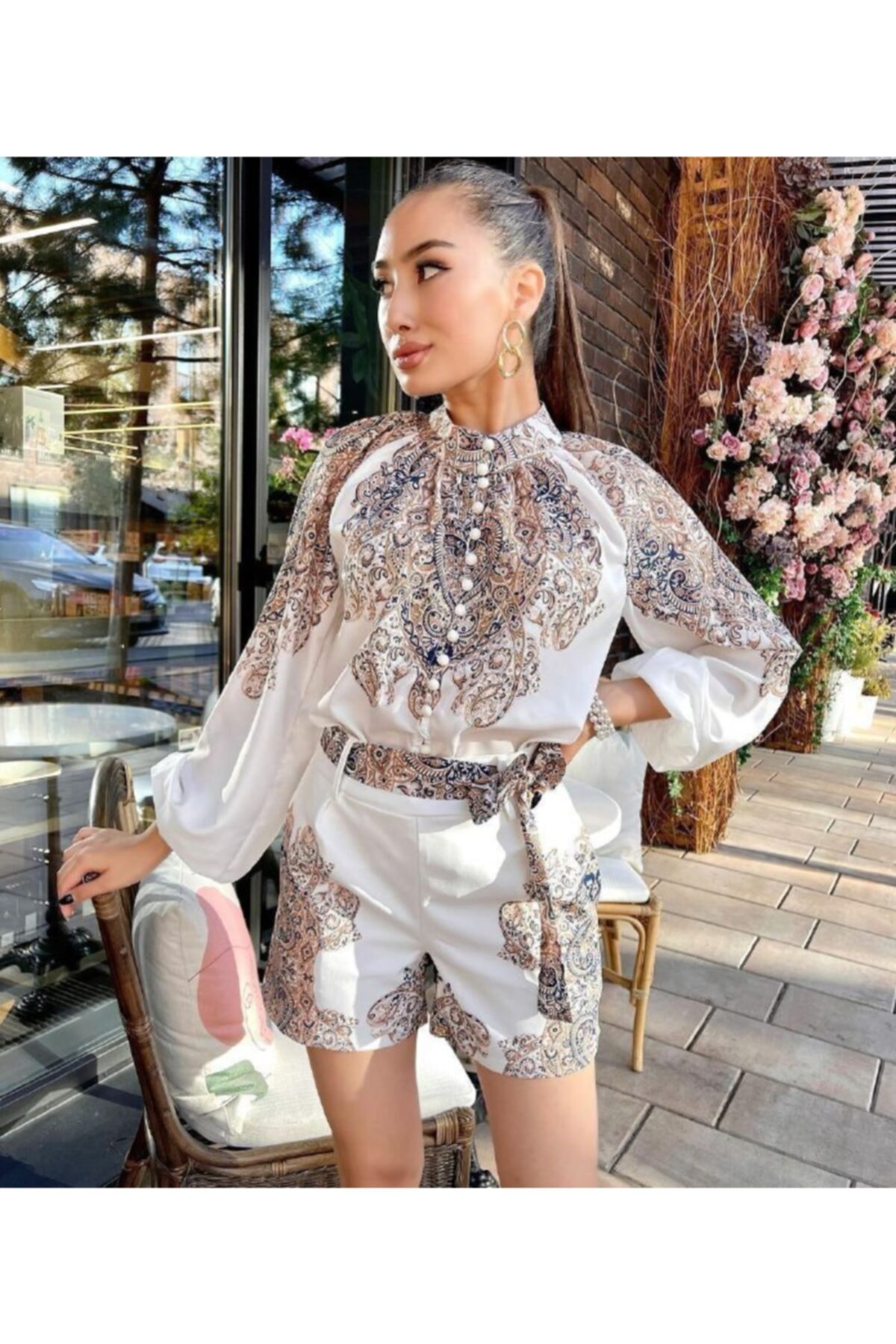 WellWay Jennyfer Krep Kumaş Gömlek & Atlas Kumaş Şort 2li Takım Beyaz