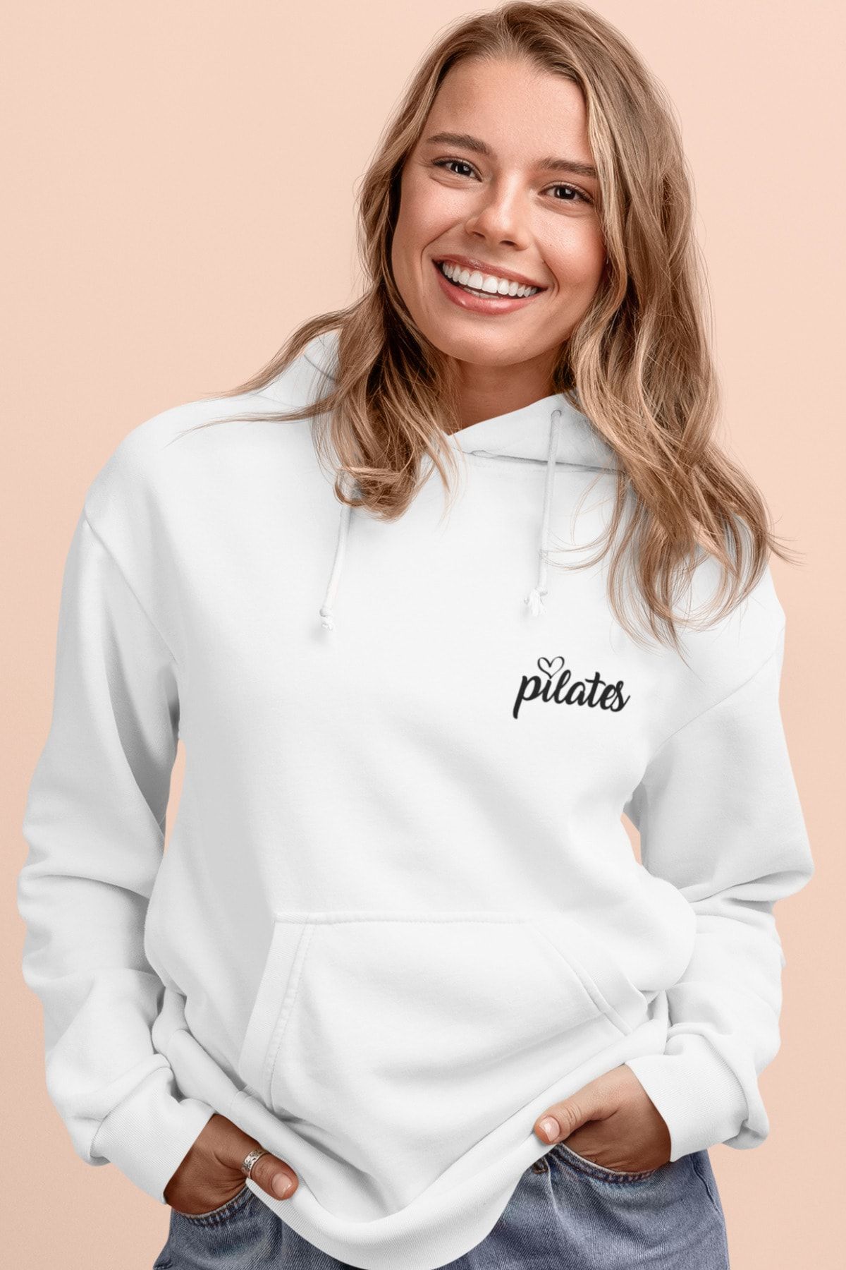 Soul True Pilates Kalp Baskılı Kapşonlu Regular Fit Üç Iplik Şardonlu Kalın Kadın Spor Beyaz Hoodie Sweatshirt