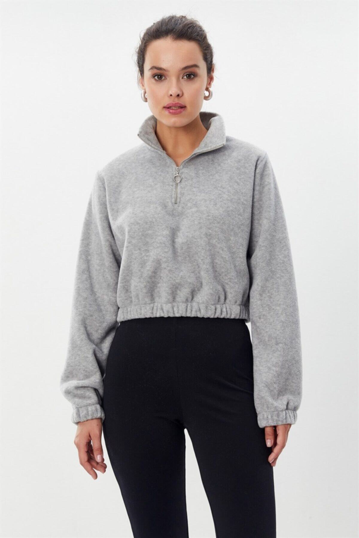 nalu Gri Fermuarlı Crop Sweatshirt