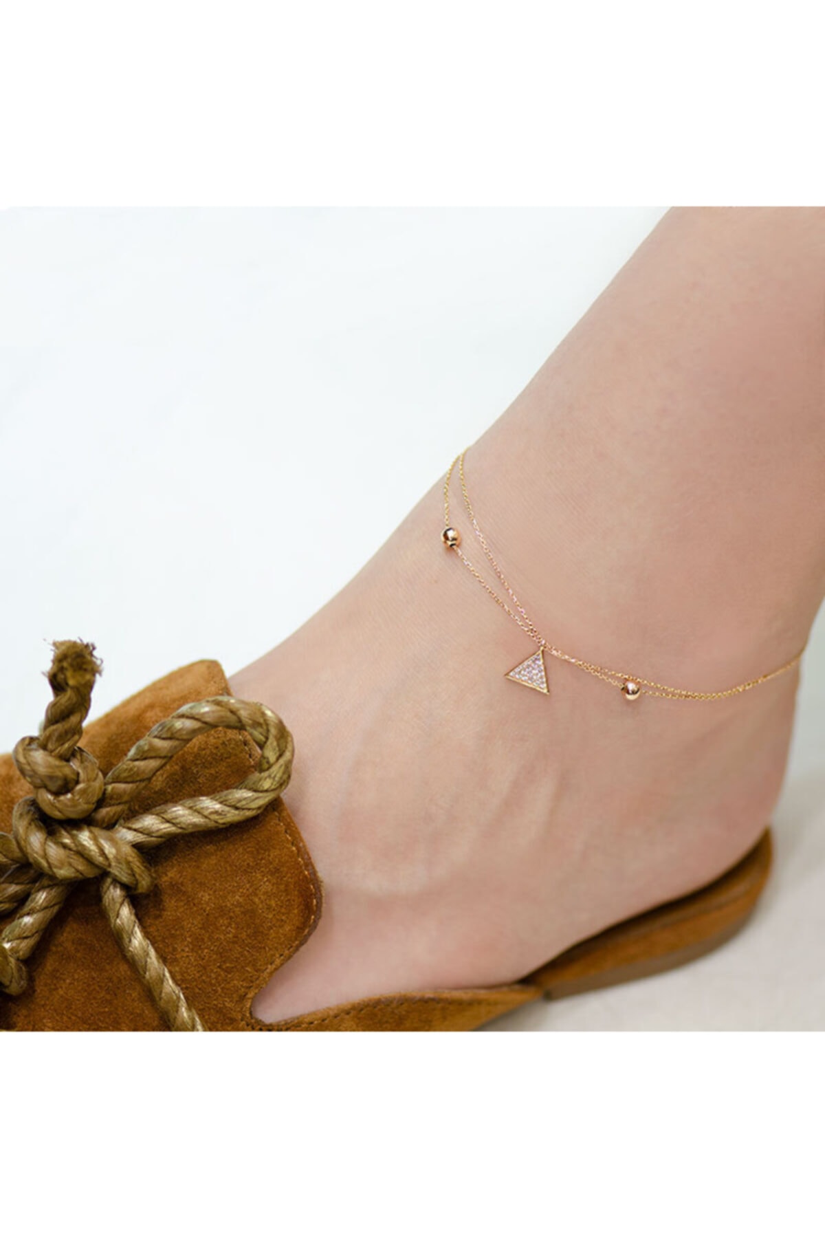 EnginGold Kadın  Altın Taşlı Üçgen Halhal 14 Ayar