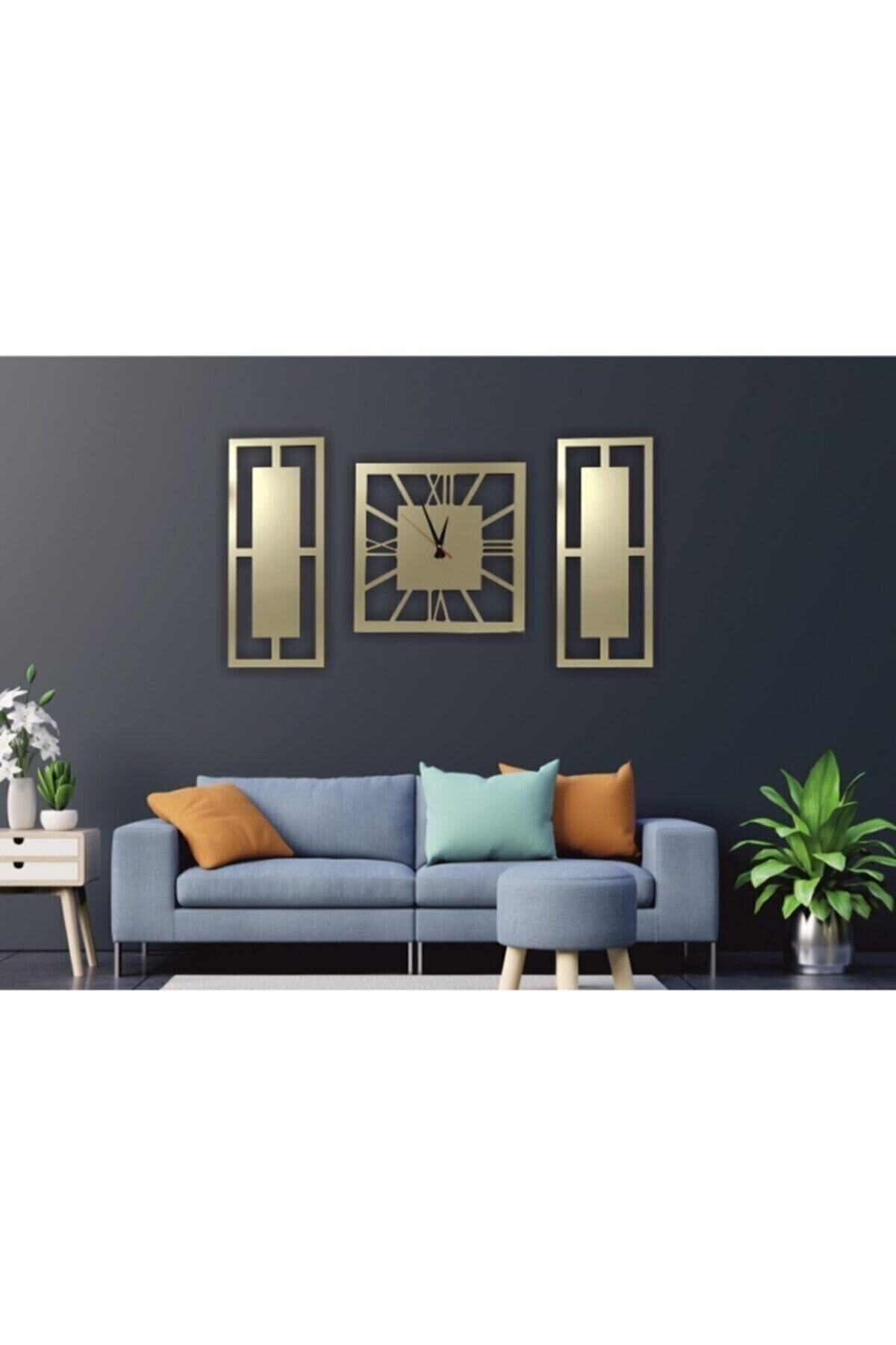 mavimodahome Gold Aynalı Kare 3 Lü Tablo Duvar Saati