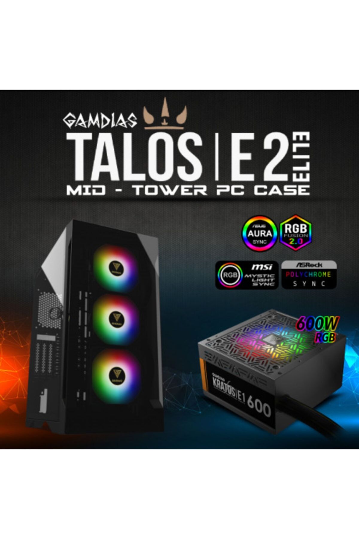 gamdias Gamdıas Talos E2 Elite Tempered Glass Argb 600w Gamıng Kasa