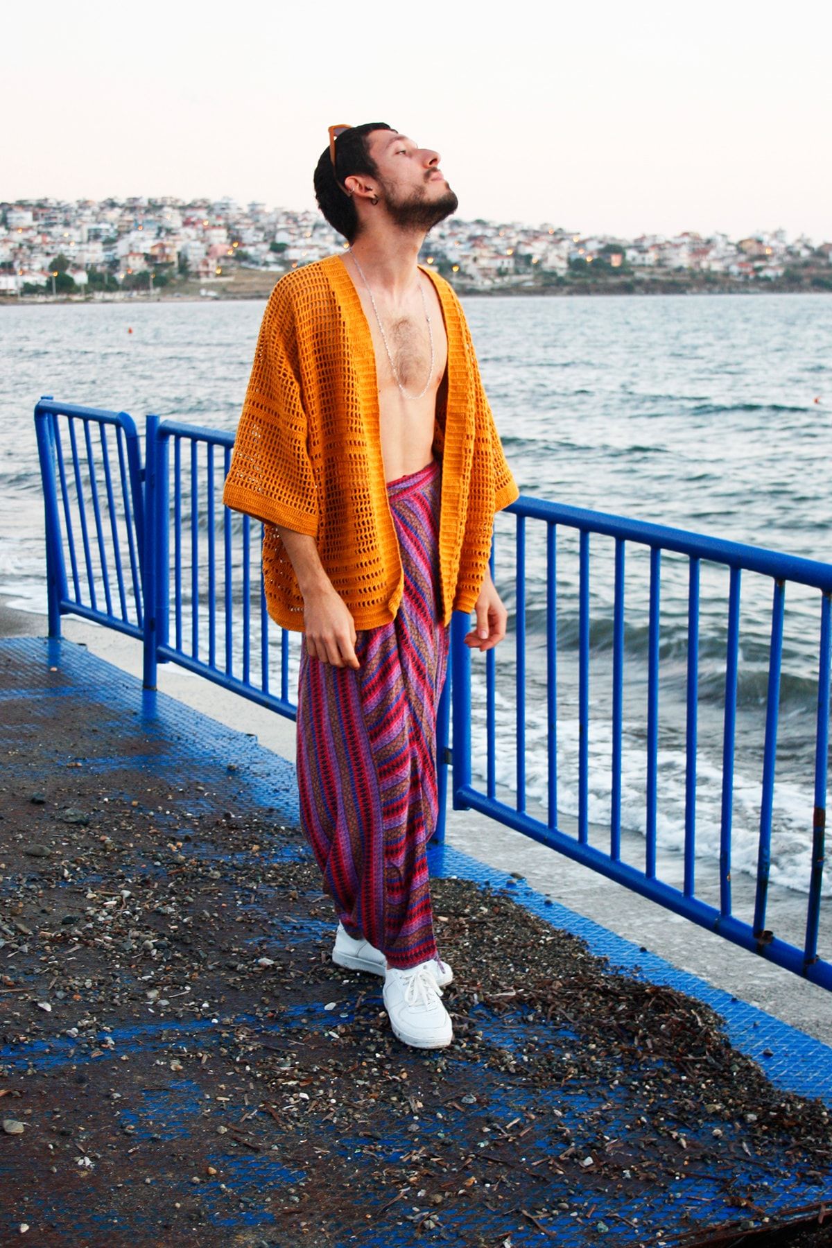 SAGRESTORE Unisex Oversize Truvakar Kol Hardal Tığ Işi Örme Kimono, File Hırka