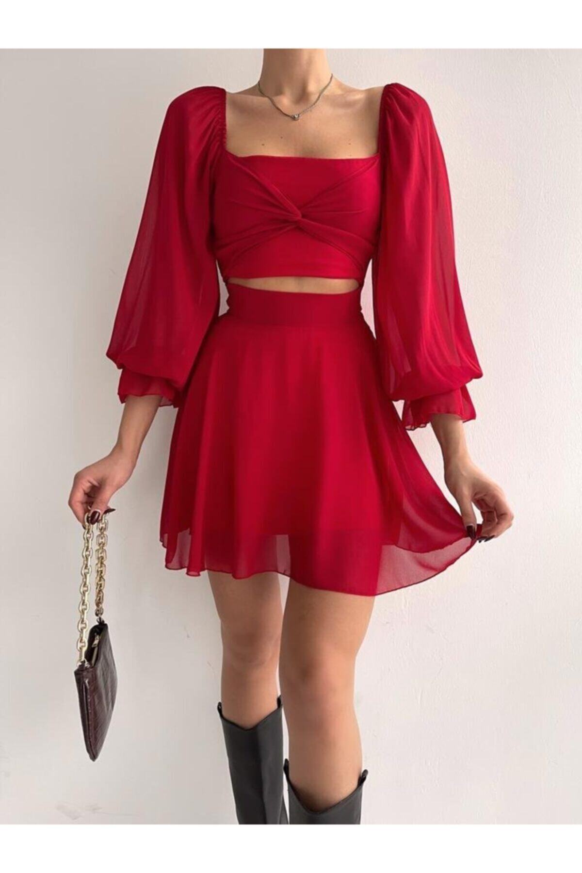 munora butik Bel Detaylı Şifon Kırımızı Elbise