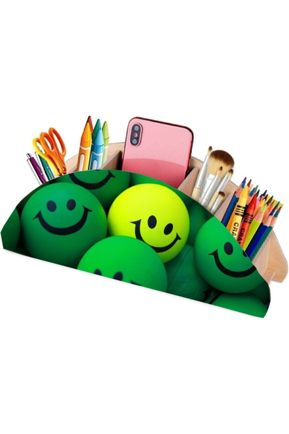 Notpa Ahşap Smile Emoji Çocuklar Için Masaüstü Kalemlik Kalem Kutusu Organizer Gökkuşağı Yeşil