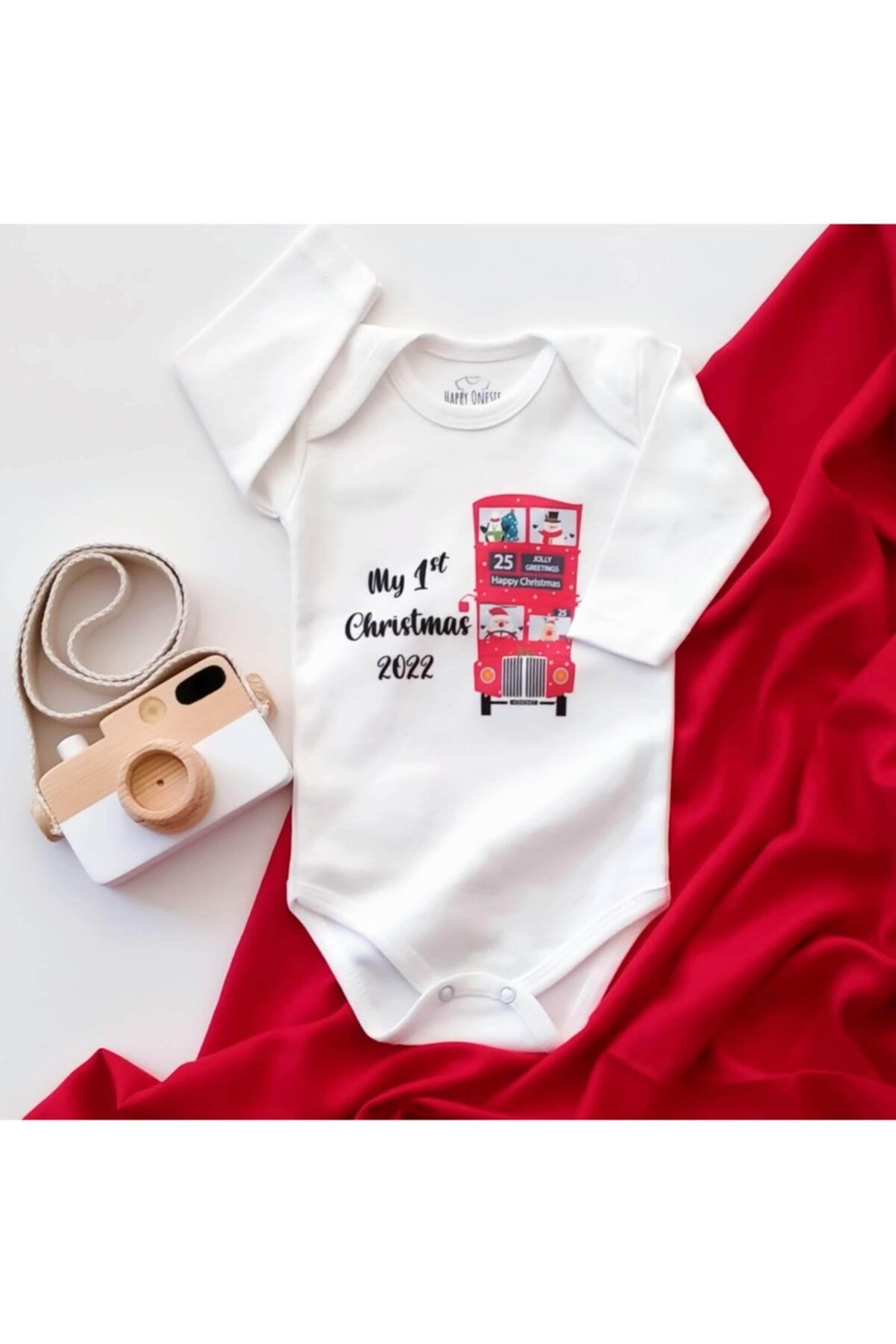 Happy Onesie Co Christmas Red Bus Ilk Yılbaşım Uzun Kol Organik Baskı Bebek Body