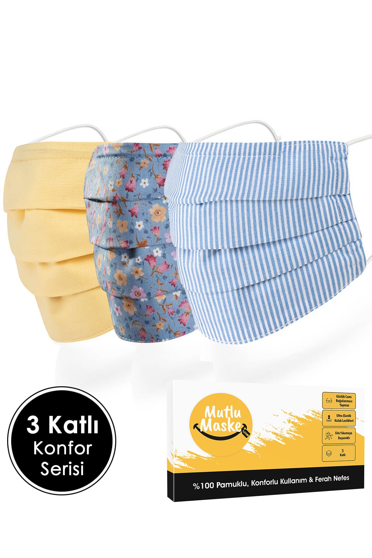 Mutlu Maske Konfor Serisi Sarı Renkli Çiçekli Çizgili Desenli Telli Pamuklu Kumaş Yıkanabilir Bez Maske 3'lü Set