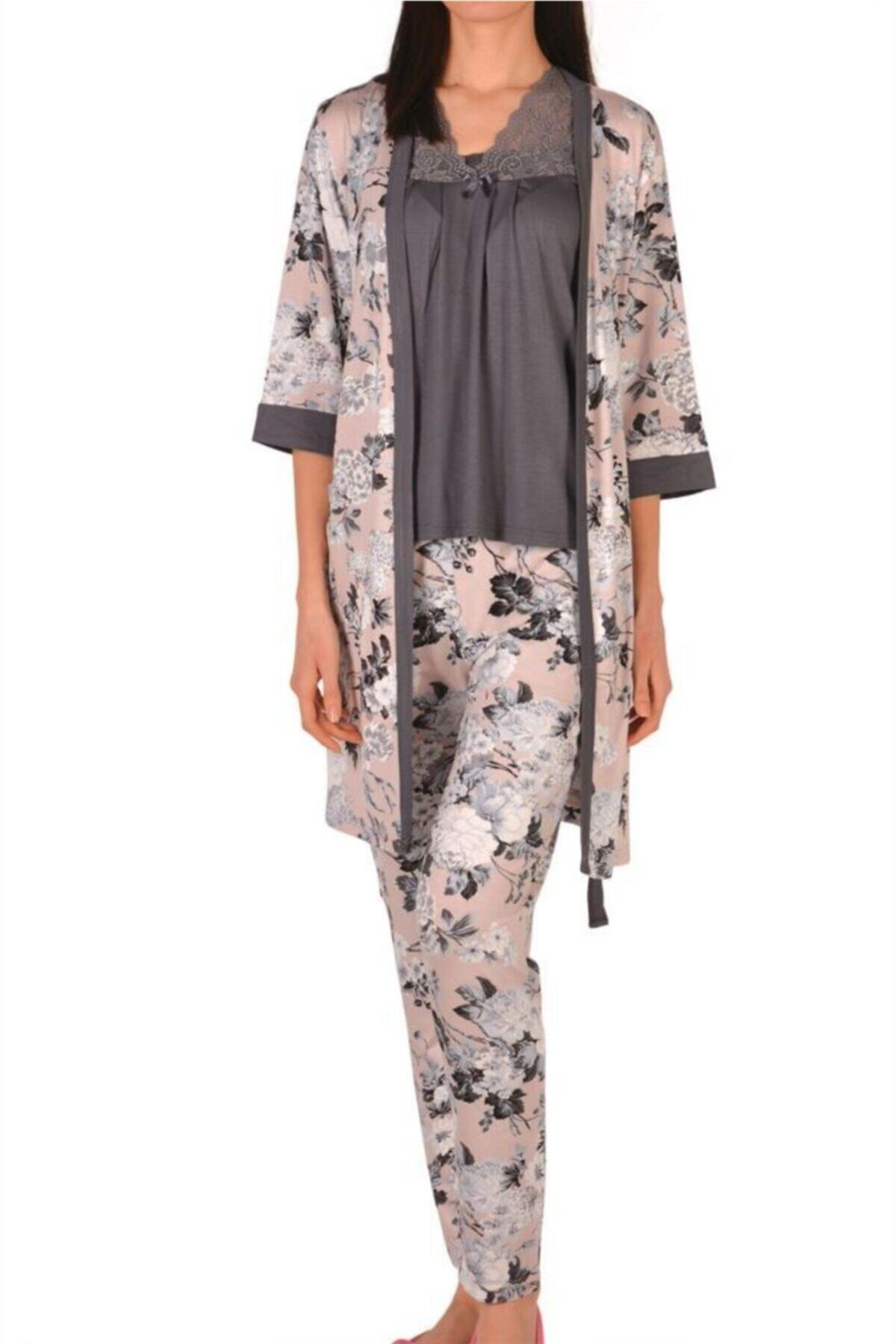 Nicoletta Antrasit Kadın Sabahlık Üçlü Takım Cepli Viskon
