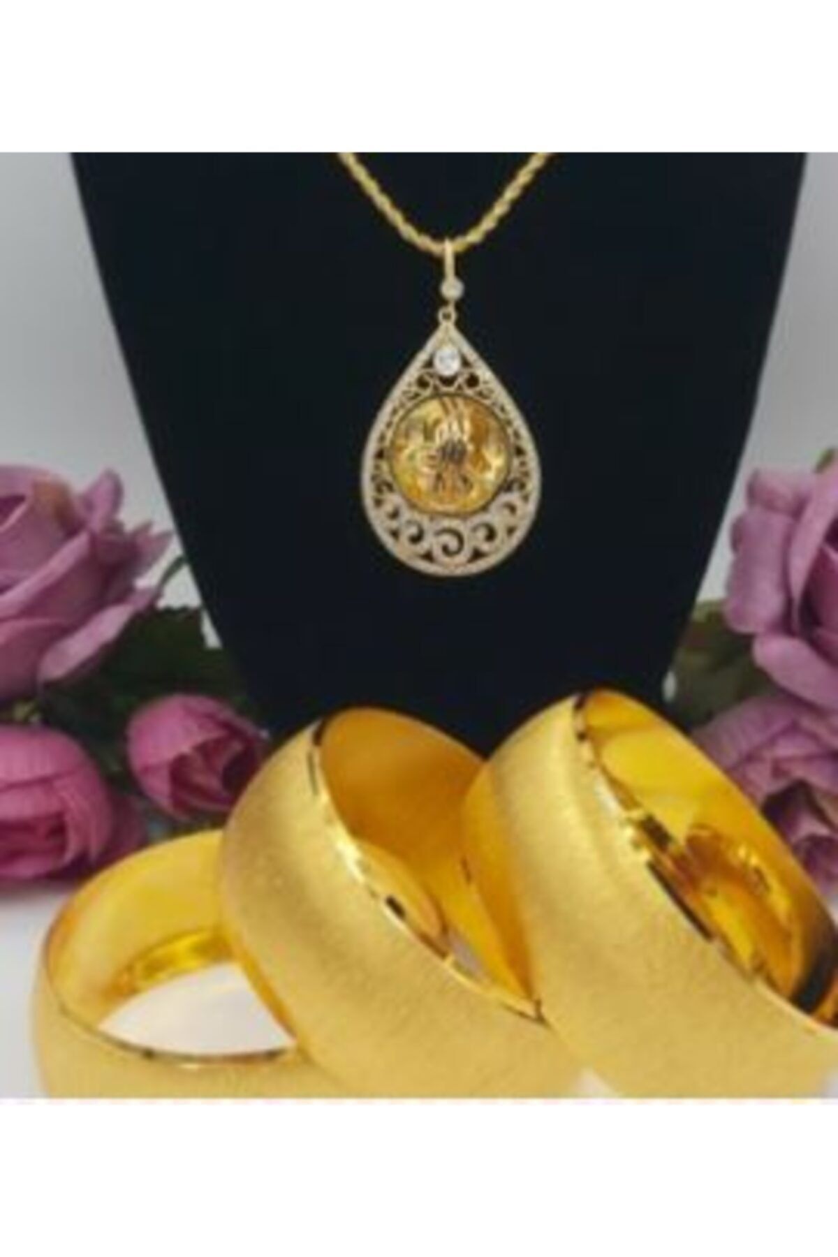 Alzey Gold İmitasyon Altın Kaplama 3 Ader 3cm Bilezik ve Tuğralı Zirkon Taşlı Kolye
