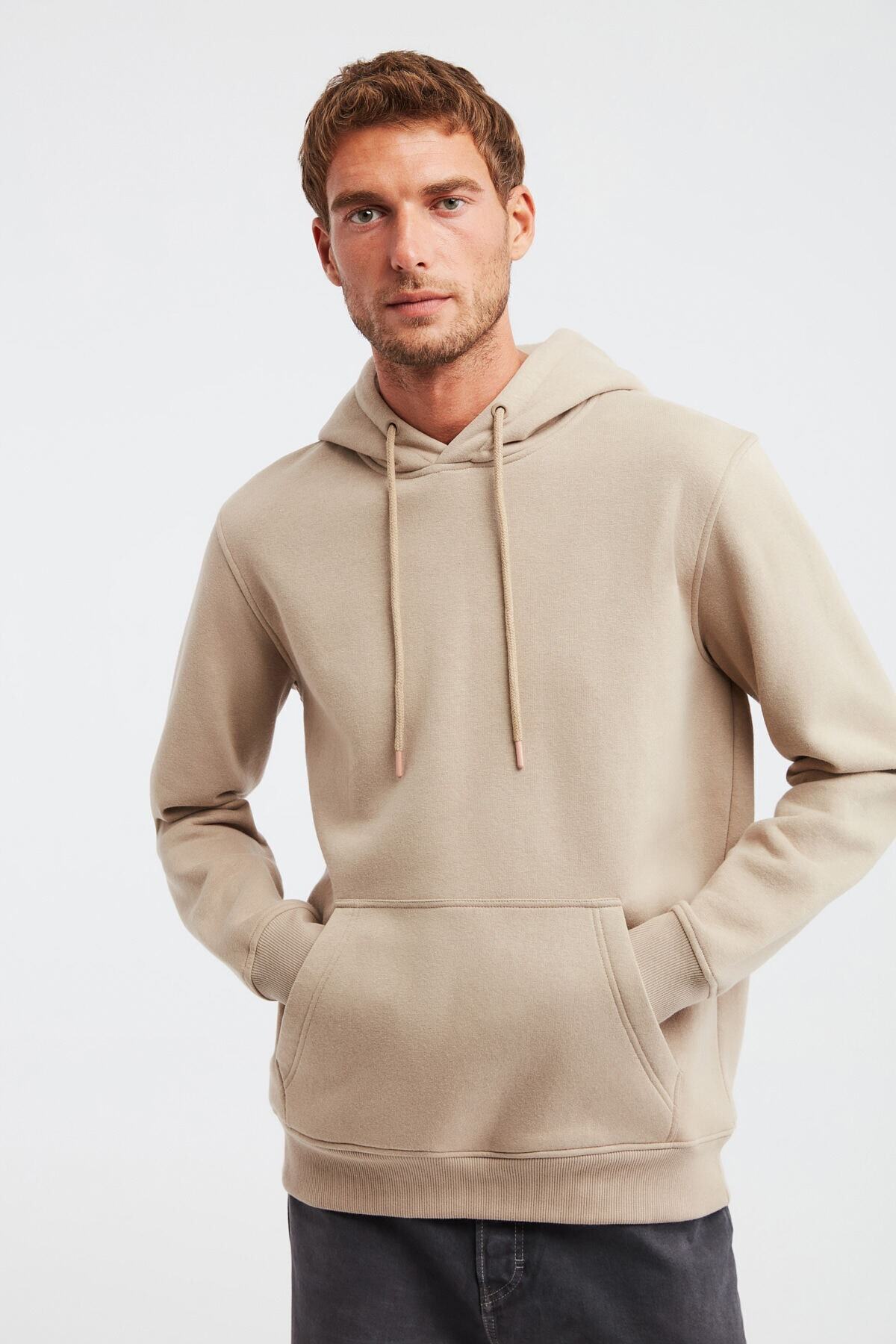 GRIMELANGE Jorge Erkek Bej Düz Renk Kapüşonlu Comfort Sweatshirt