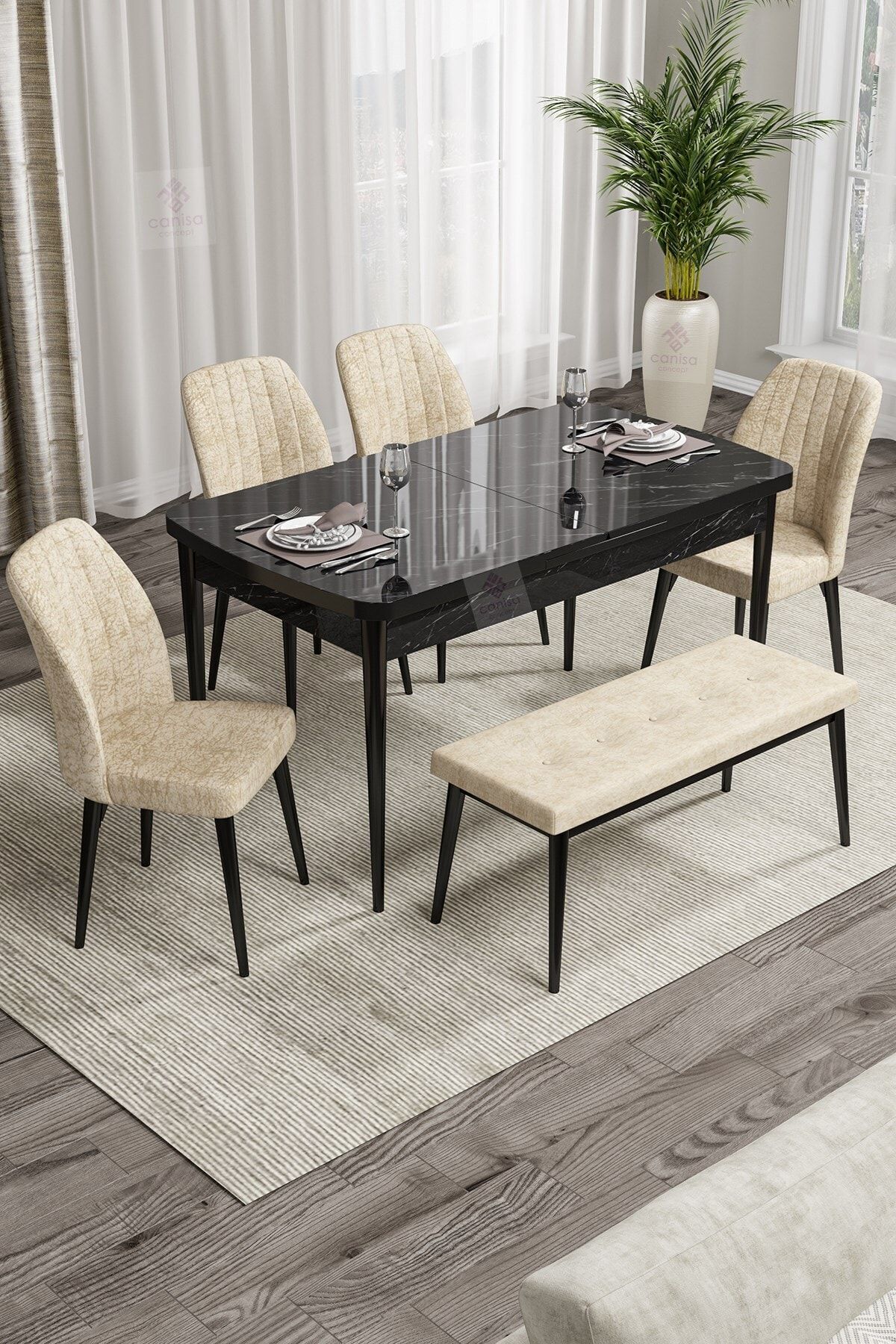 Canisa Concept Rio Serisi Bench'li Siyah Mermer Desenli Mdf Mutfak Masası+4 Krem Sandalye