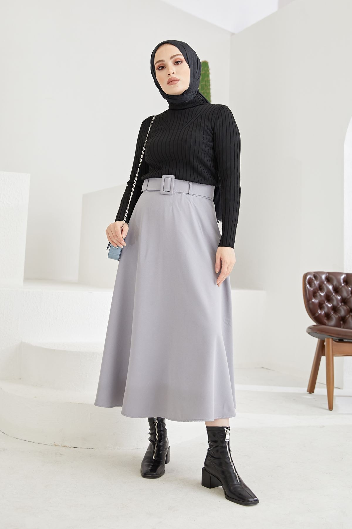 Naknaku Kemerli Kloş Etek-gri