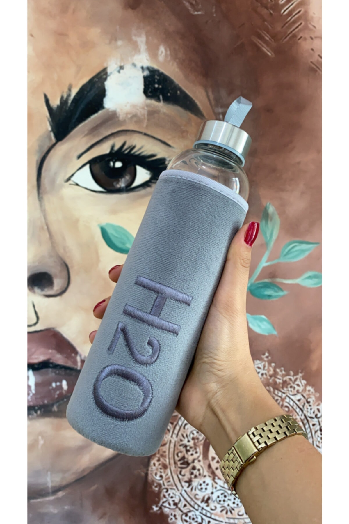 HereWeGo 600 ml Özel Gri Kılıflı Cam Matara