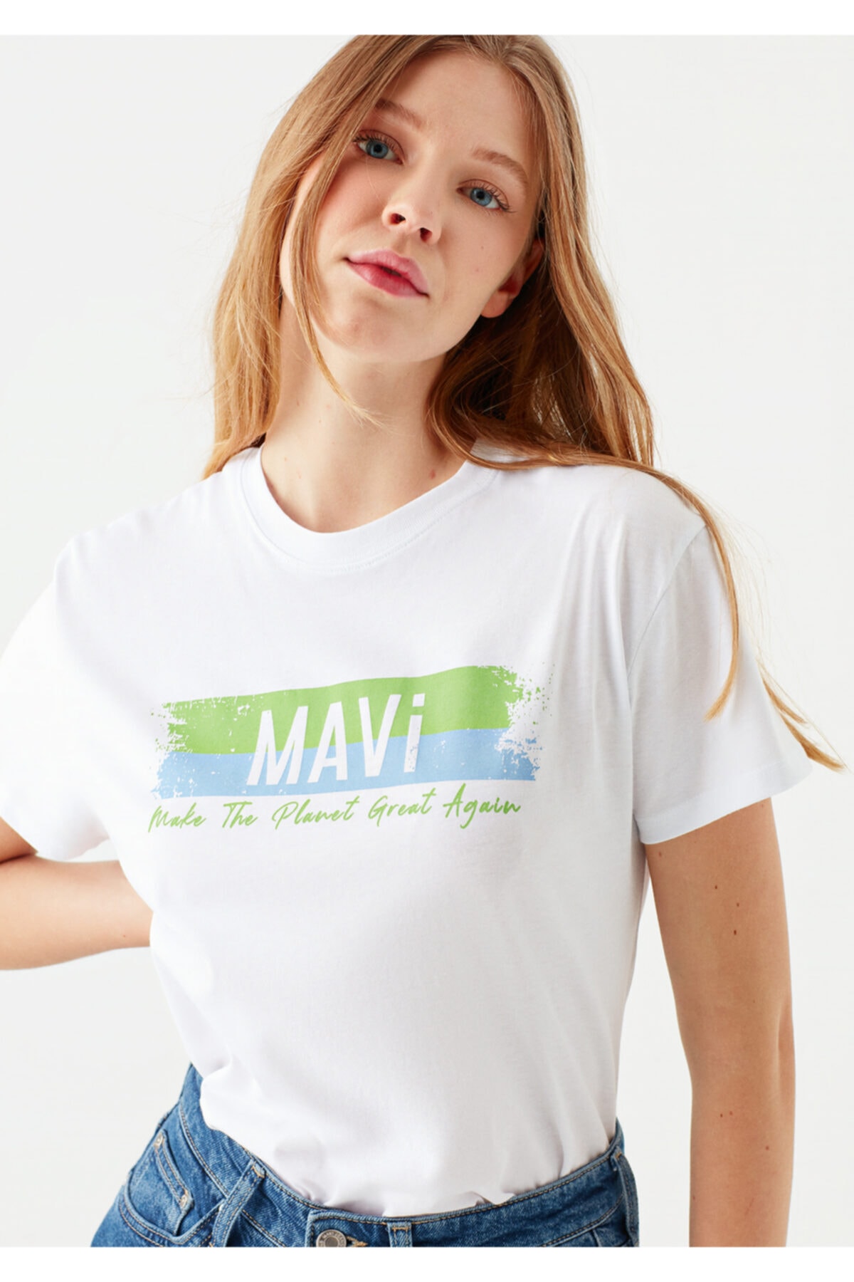 Mavi Kadın Beyaz Doğa Dostu Make The Planet Great Again Baskılı T-Shirt