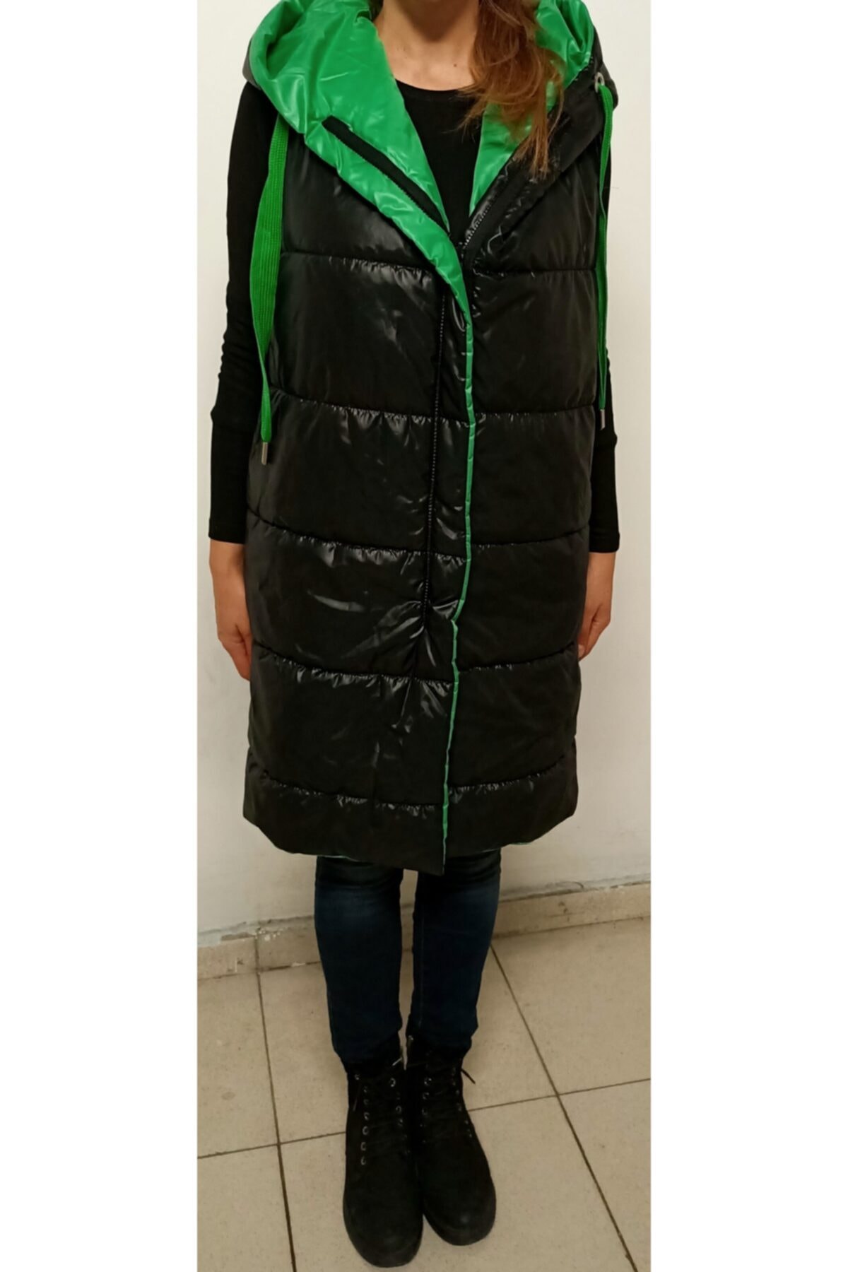 YAKAMOZ GİYİM Kapüşonlu Çift Taraflı Uzun Yelek