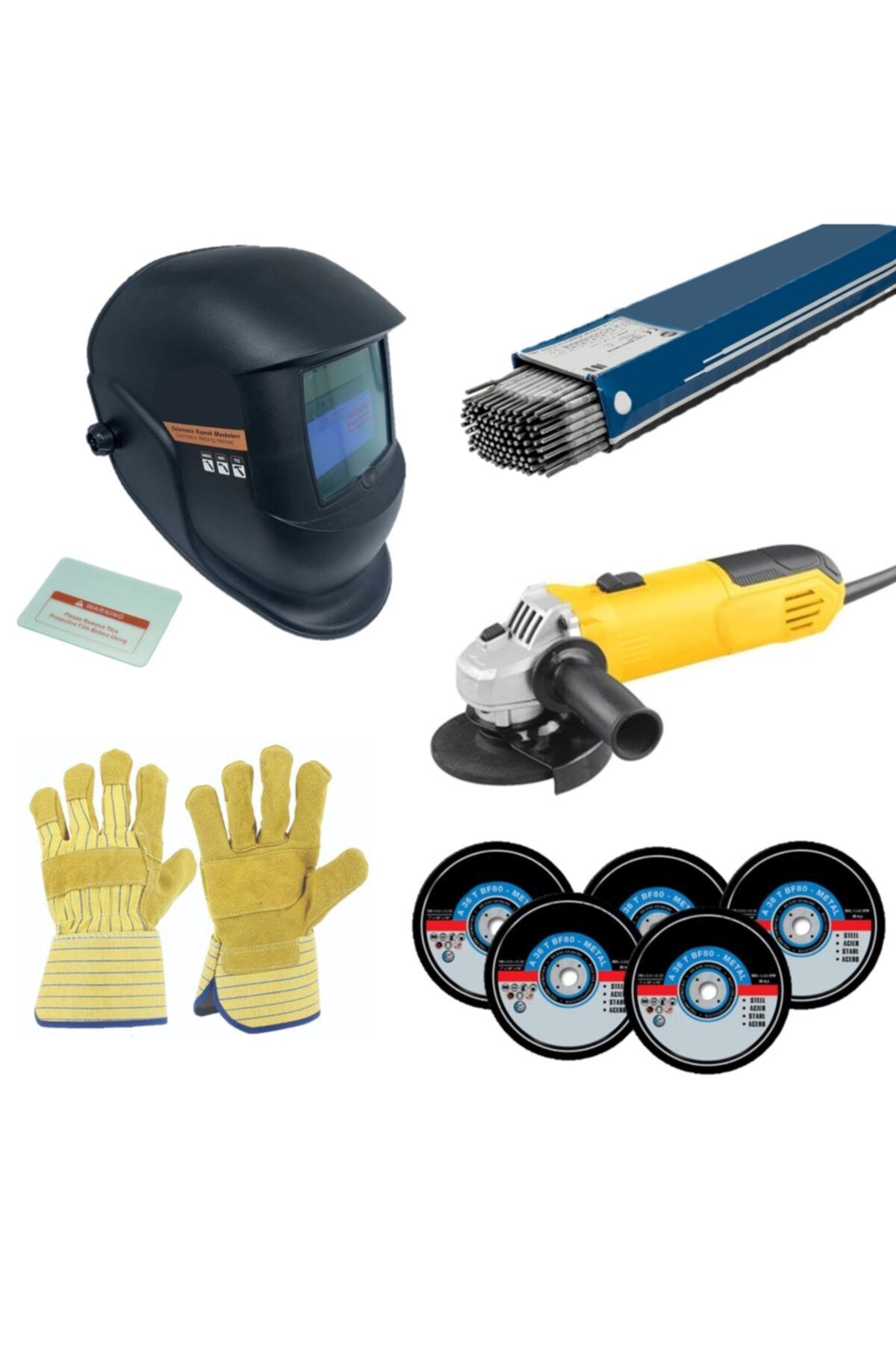 Mager 5'li Kaynakçı Set - Avuç Taşlama + Kaynak Maskesi + Elektrot + Eldiven + Kesici Disk