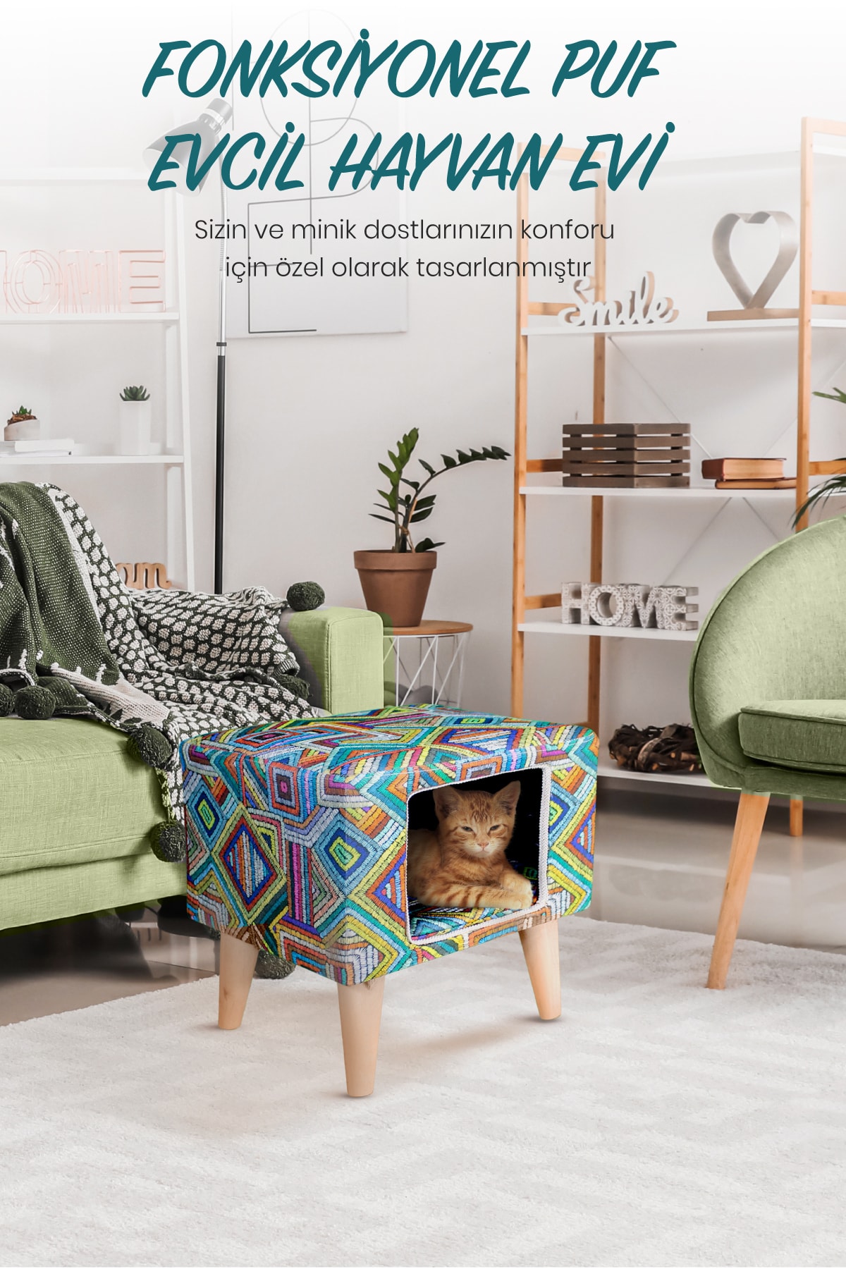 BYPET Kedi Evi Dekoratif Puf Tabure - %100 Ahşap Tasarım Kedi Puf Evi
