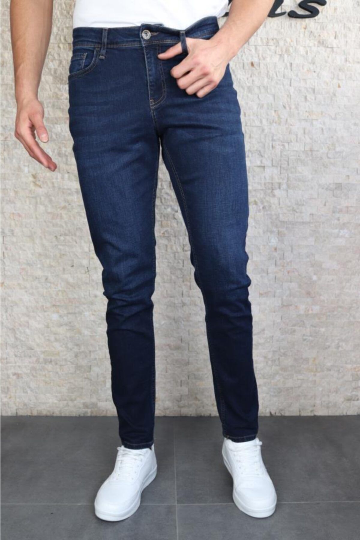 HLT JEANS Erkek Koyu Mavi Slim Fit Dar Kesim Esnek Likralı Denim Jeans Kot Pantolon Hlthe001965