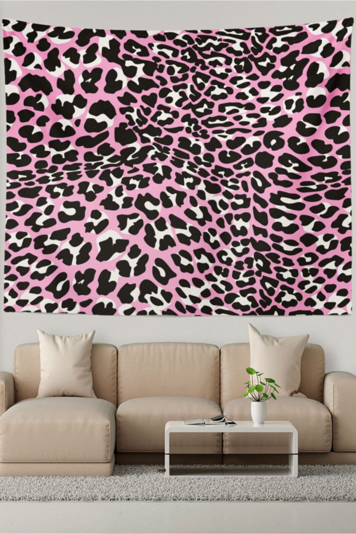 Ysahome Pembe Zeminde Leopar Desenli Duvar Halısı