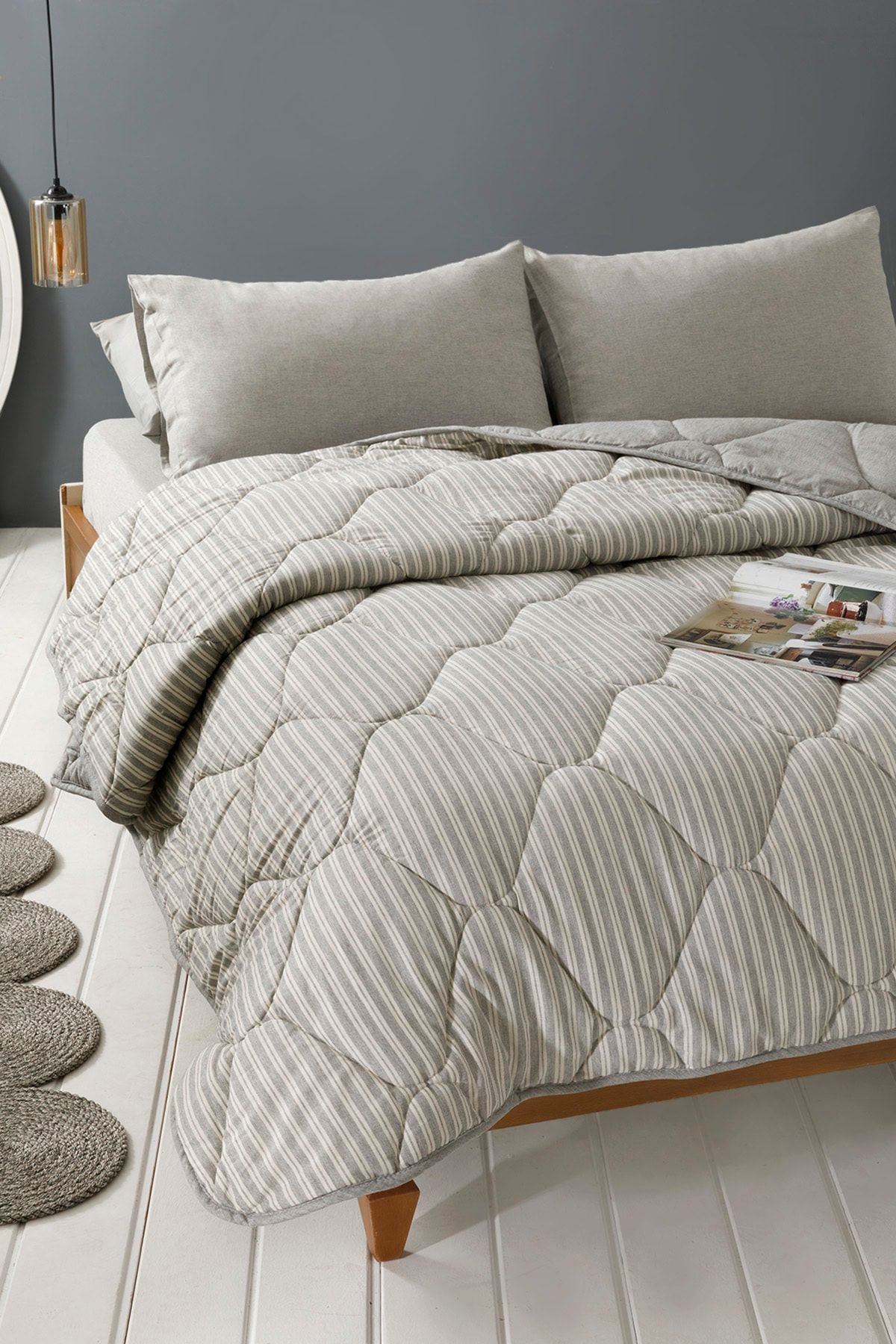 English Home Comfy Stripe İpliği Boyalı Çift Kişilik Uyku Seti 200x220 Cm Gri