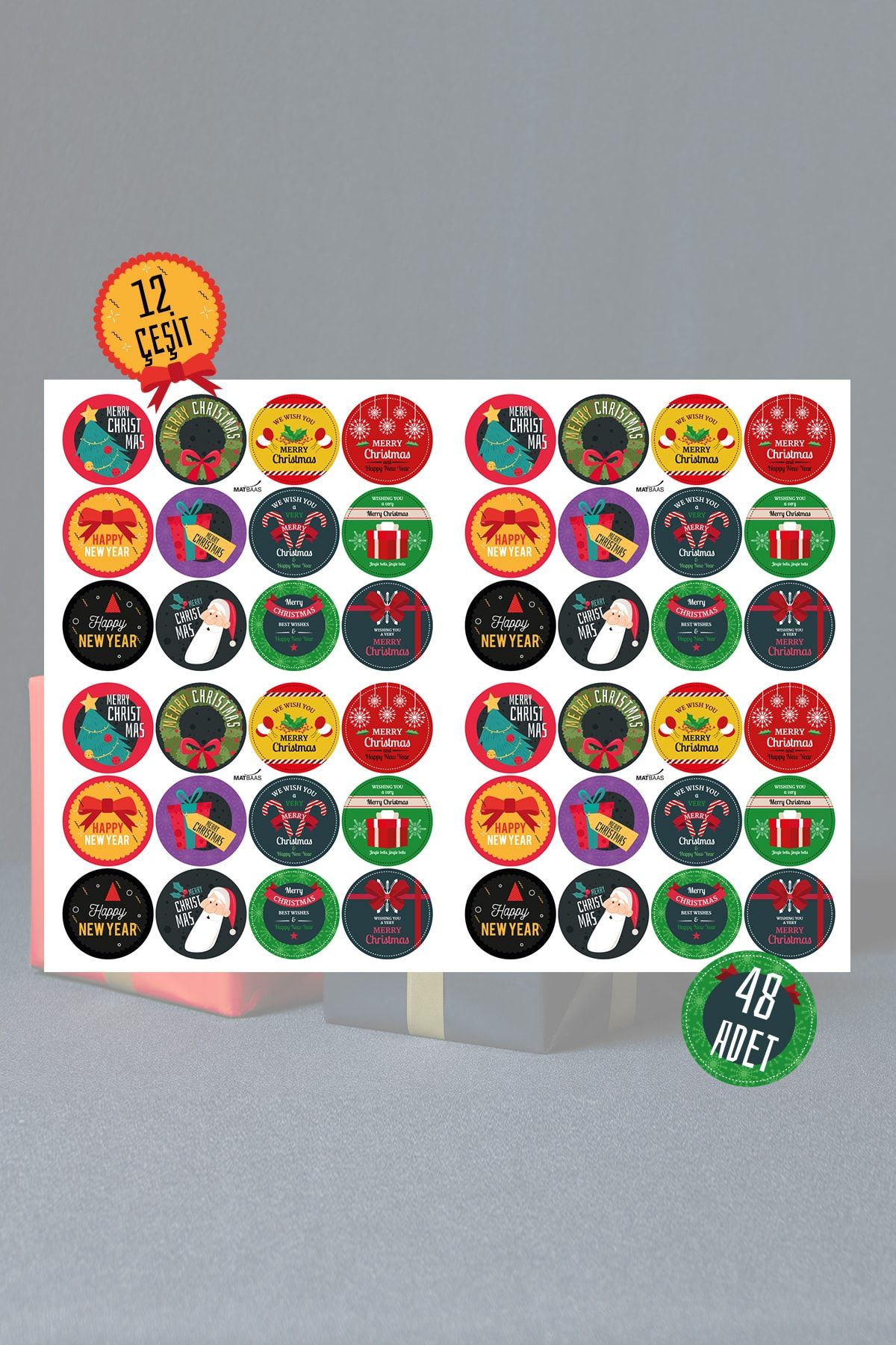 colortouch Yılbaşı Temalı Sticker , Hediye Paketi Etiket 48 Adet 4,5 X 4,5 cm
