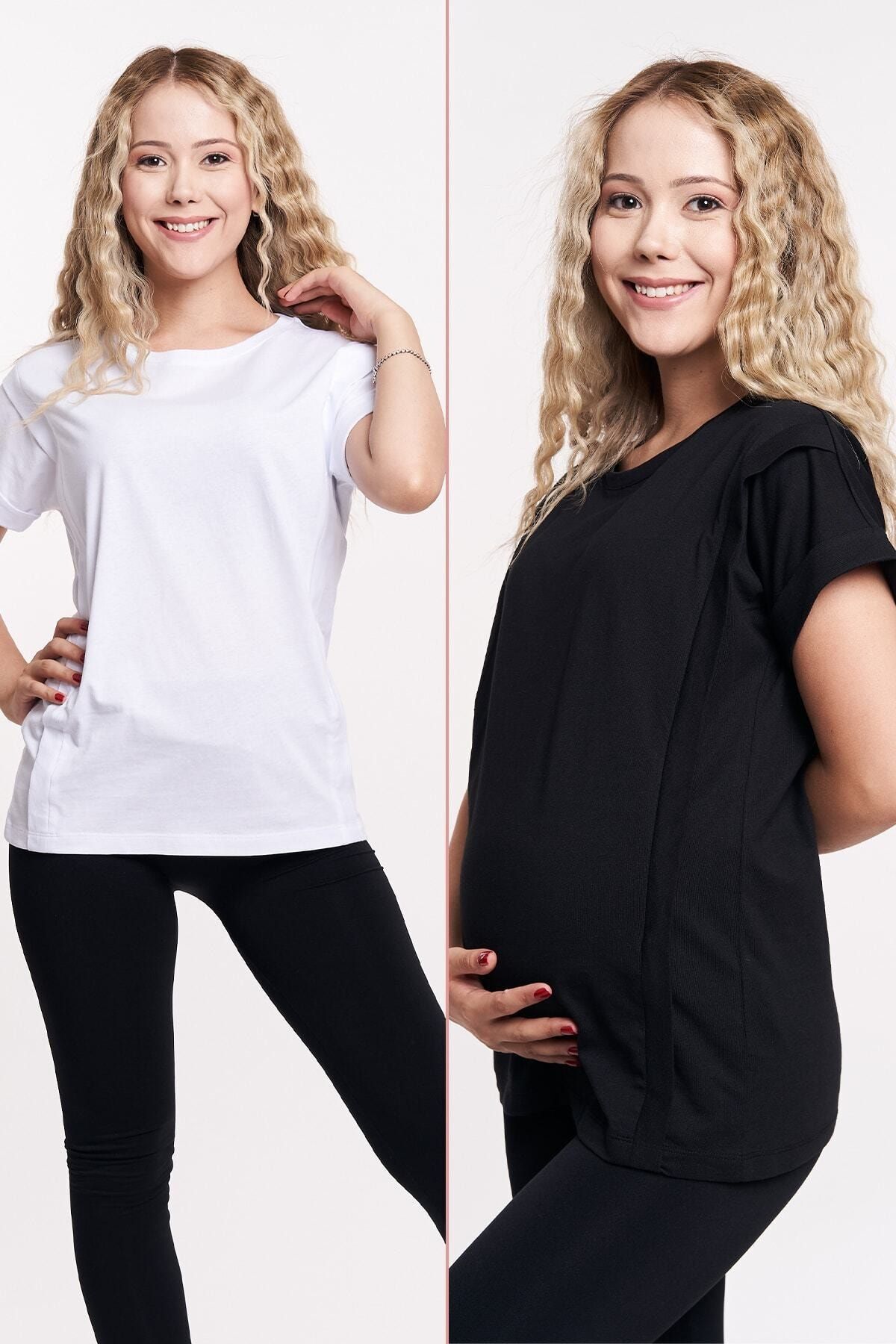 Mamma Lattes Kadın 2'li Paket Hamile Oversize Geniş Kalıp Emzirme Tişörtler, 2'li Set Baskısız Beyaz