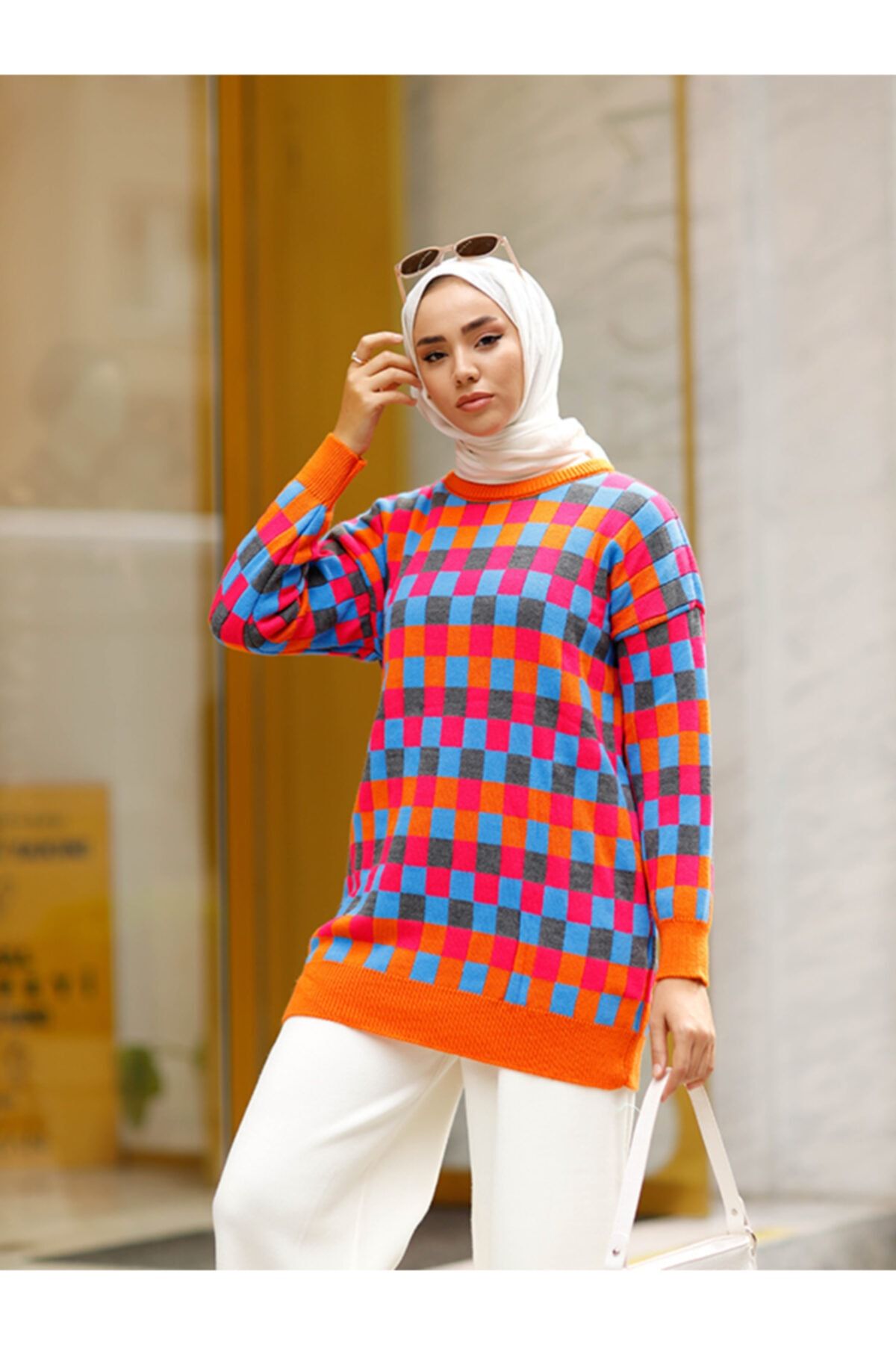 Rimel Moda Pöti Desenli Kazak Turuncu