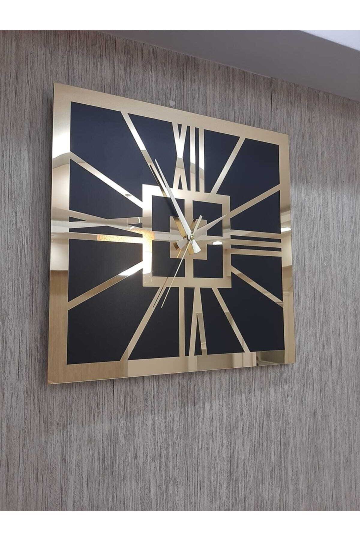Beyza Dekorasyon Büyük Kare Altın Sarısı Duvar Saati Dekoratif Aynalı Pleksi Klasik Roma Rakamlı 60x60 Cm