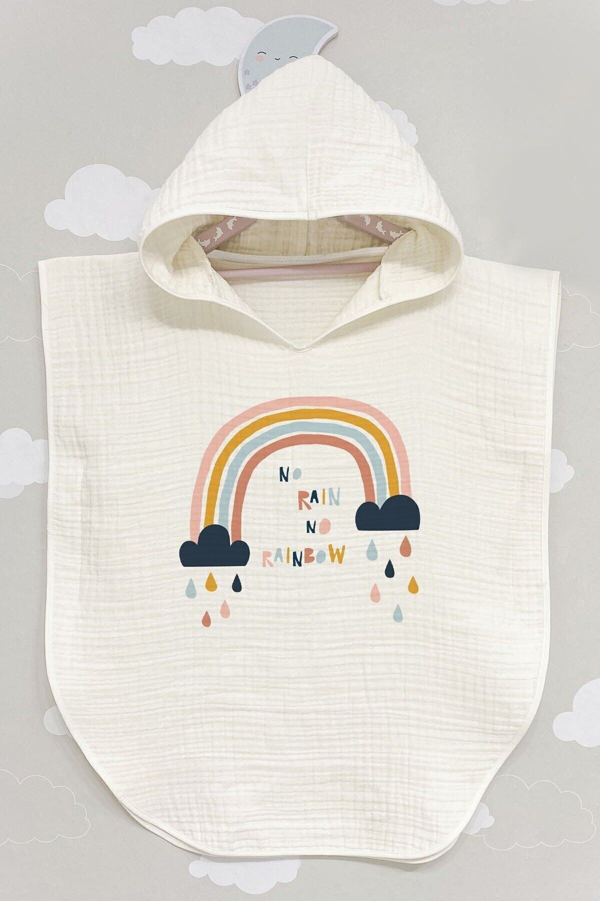 BabyLimon Unisex No Rain No Rainbow 4 Kat Müslin Kapüşonlu Panço