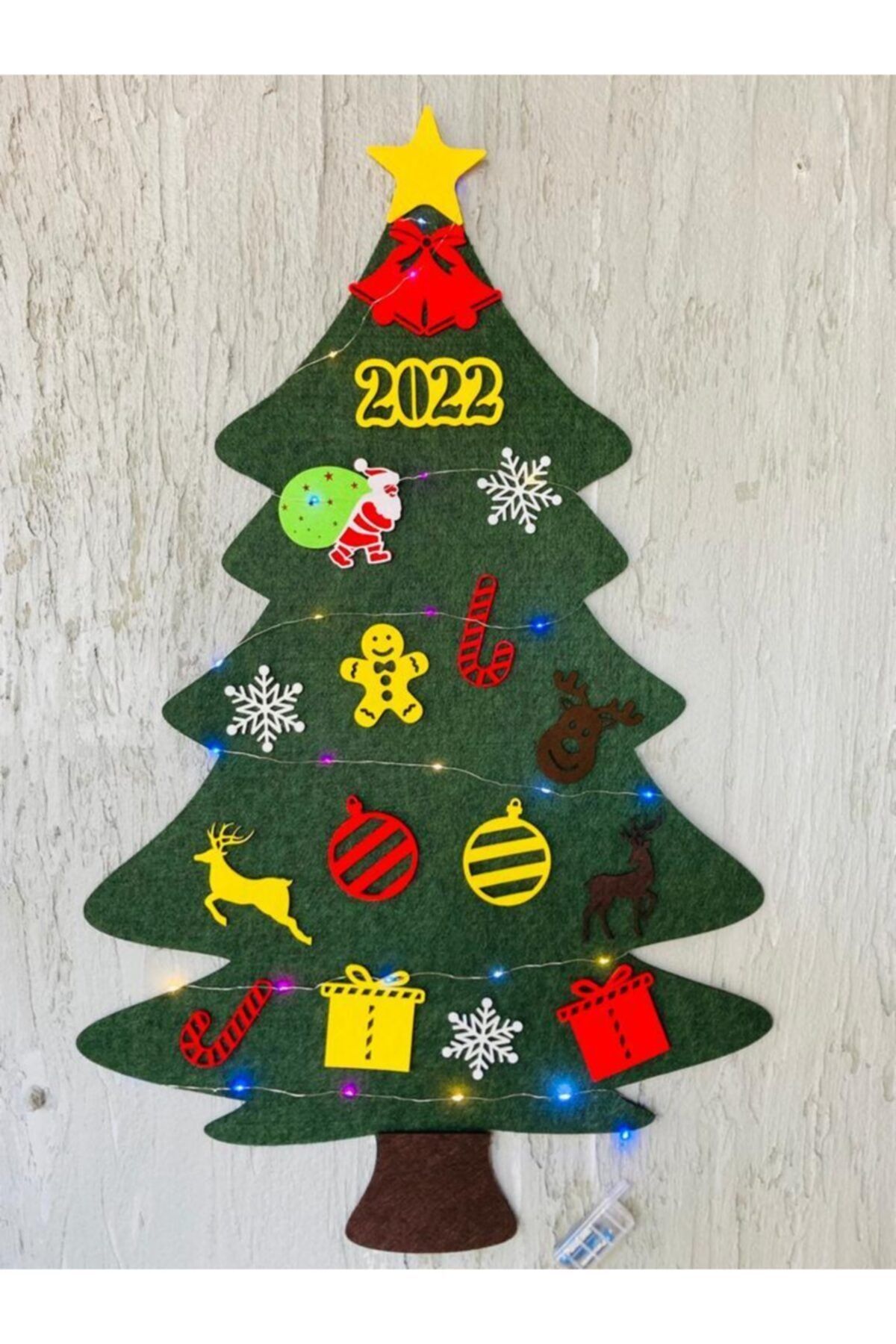 mika house Çocuk Etkinlik Keçe Yeni Yıl Ağacı Yılbaşı Ağacı Noel Ağacı Led Işıklı Christmas Tree 100 cm 65 cm
