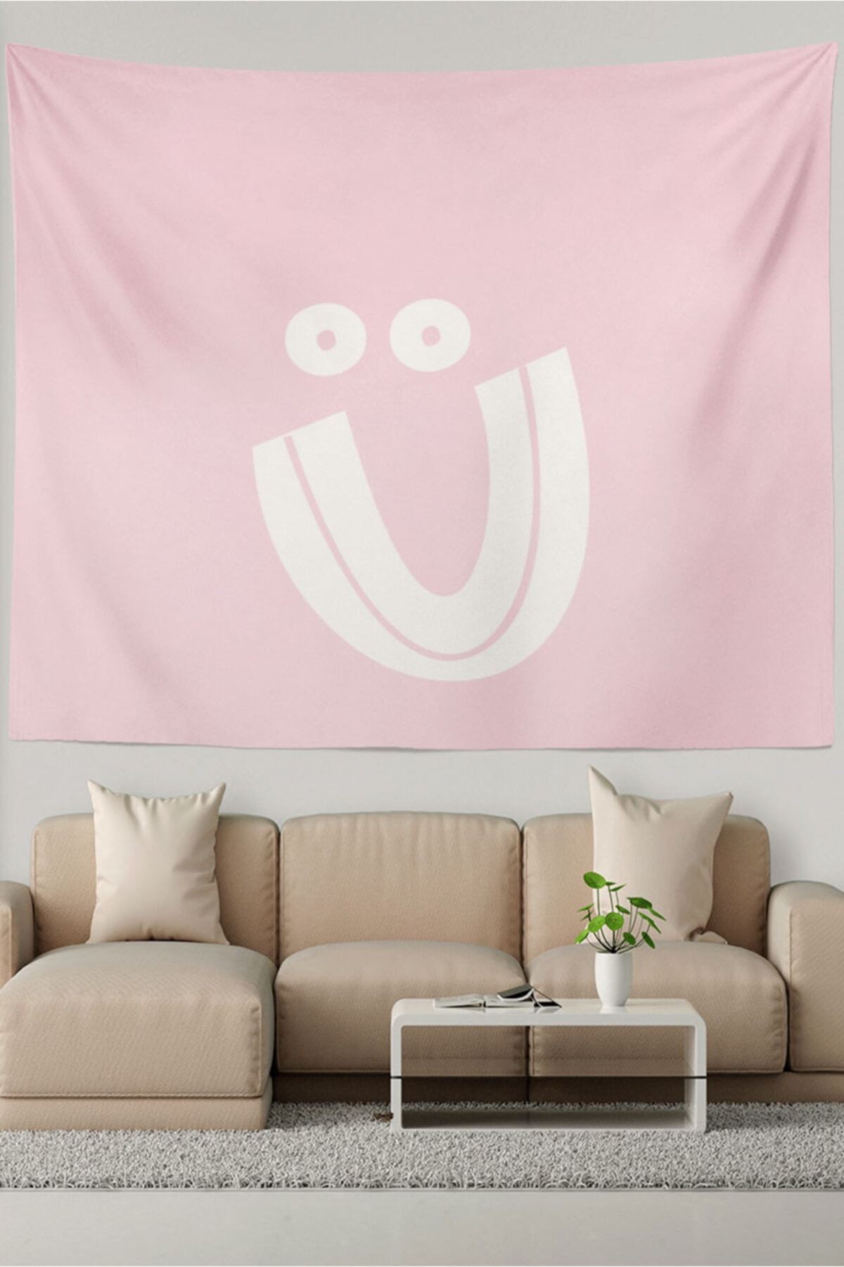 Ysahome Pembe Zeminli Taç Ü Harfi Desenli Duvar Halısı