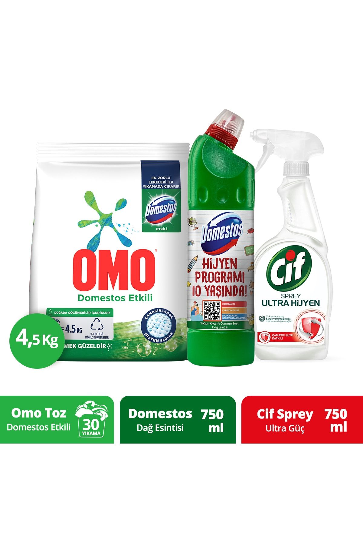 Cif Sprey Ultra Hijyen 750 ml+Domestos Dağ Esintisi 750 ml+ Omo Domestos Etkili Toz Deterjan 4.5 kg