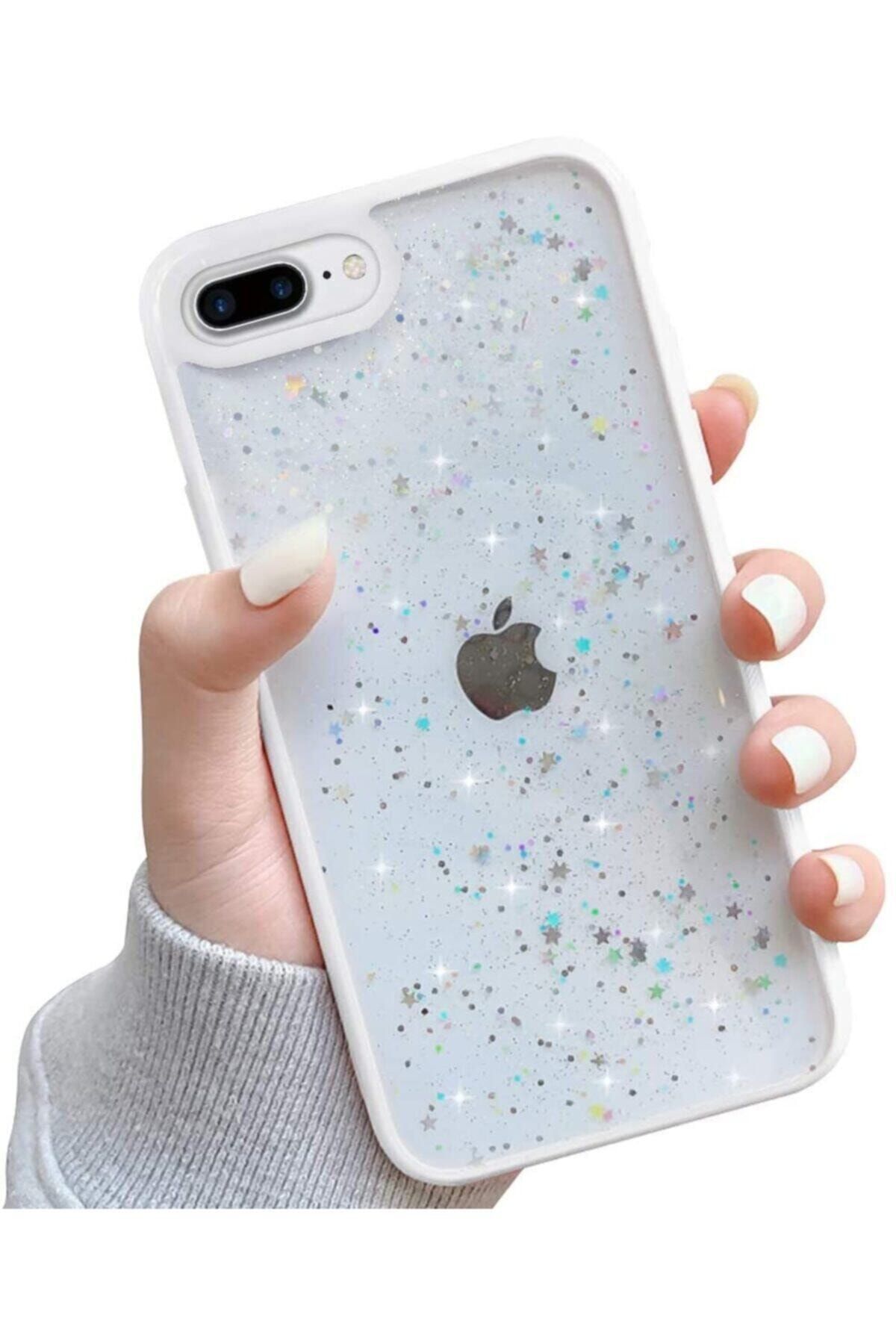 Go Aksesuar Iphone 7 Plus / 8 Plus Uyumlu Simli Kenarı Renkli Beyaz Darbe Önleyici Silikon Kılıf