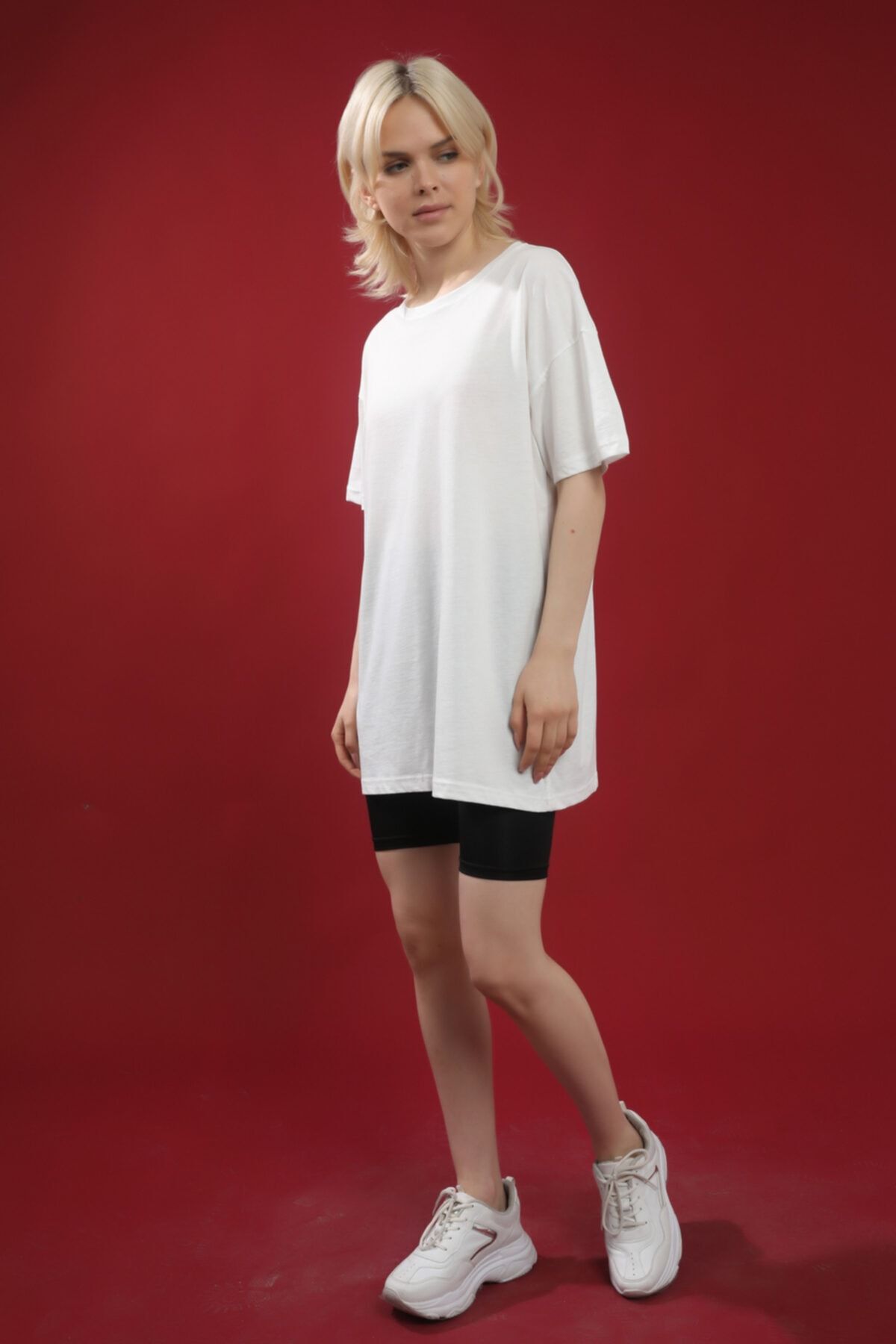 Grenj Fashion Beyaz Pamuk Bisiklet Yaka Oversize Örme Tshirt