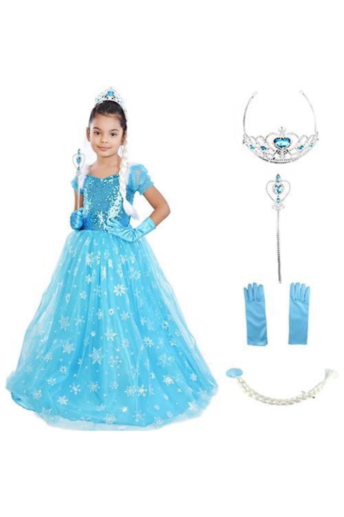 Mashotrend Kız Çocuk Turkuaz Frozen Elsa Simli Kısa Kollu Kostüm + Full Set