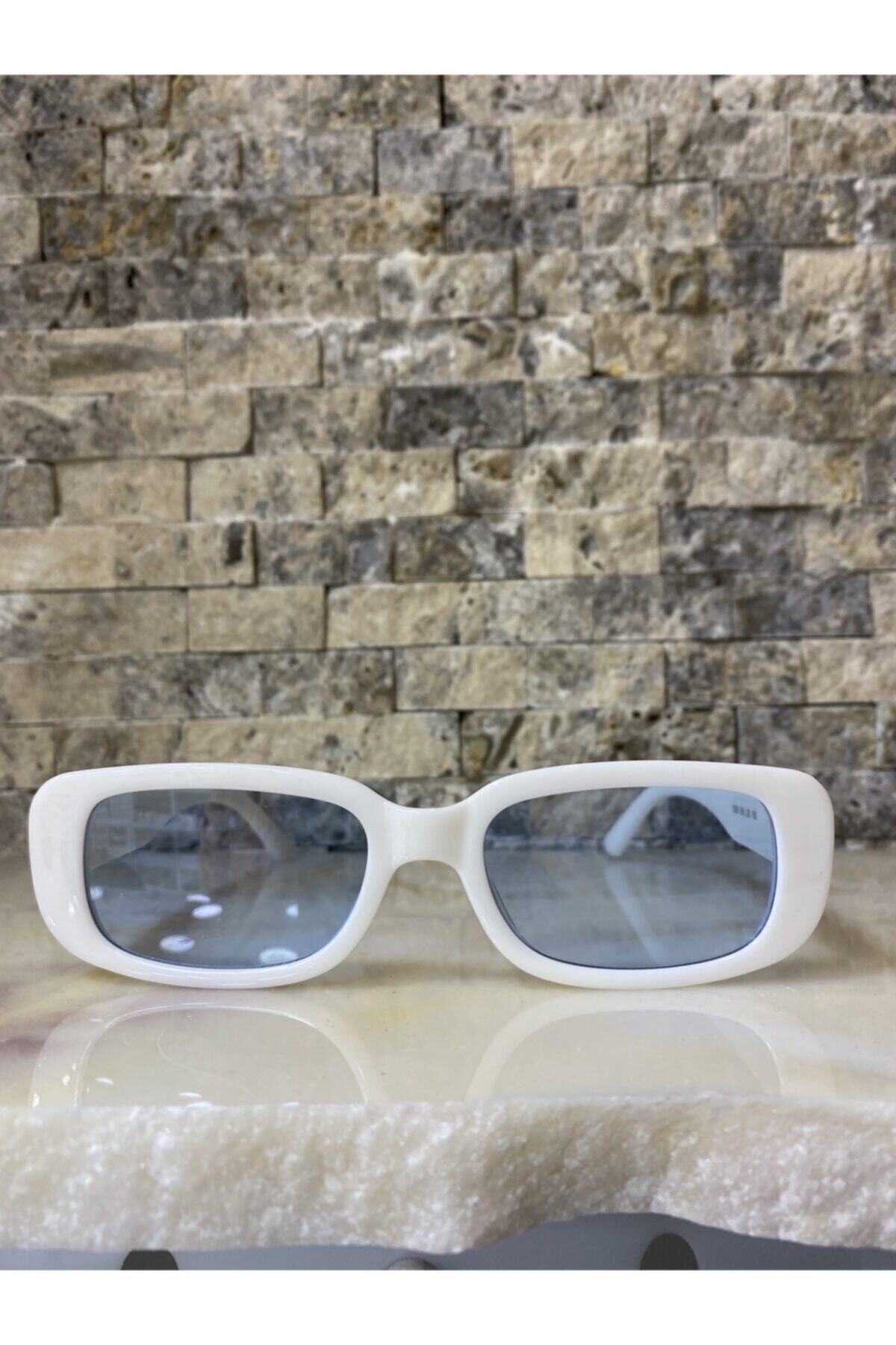 LOOKUP Unisex Beyaz Mavi Kare Dikdörtgen Vintage Retro Güneş Gözlüğü
