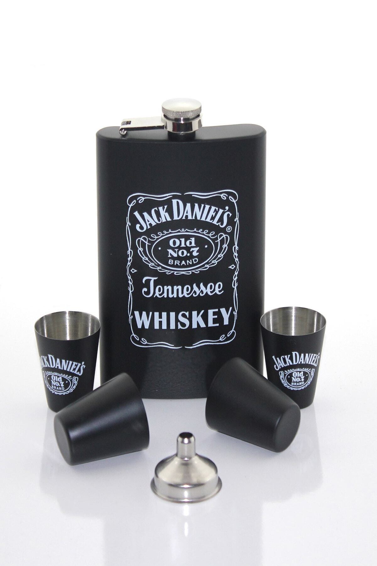 Jack Daniels Jack Mat Siyah Paslanmaz Çelik Içki Matara 4 Shot Bardaklı 9 Oz ( 266 Ml )