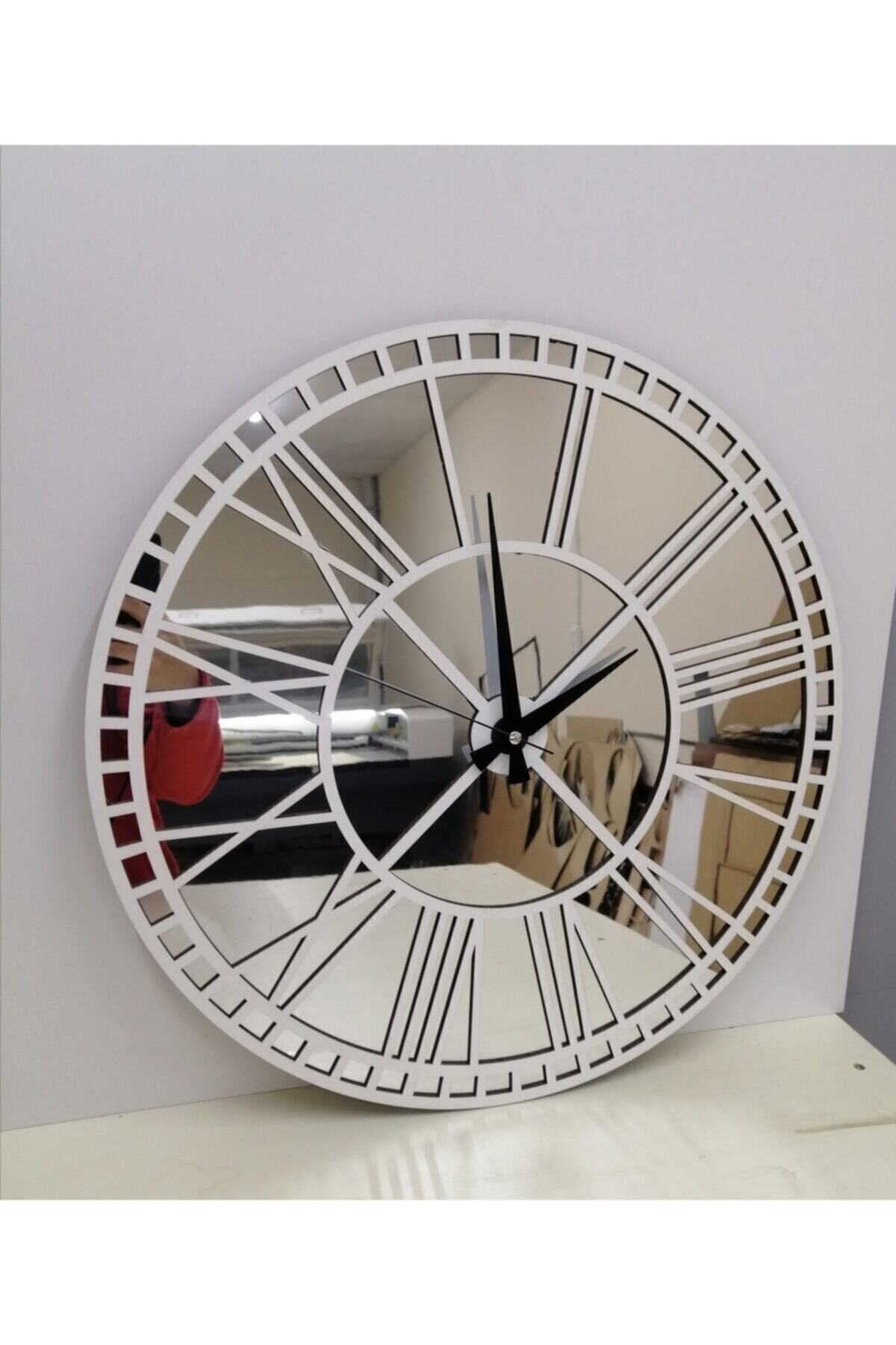 Kaizen Hediye Gümüş Aynalı Pleksi & Beyaz Ahşap Duvar Saati 40cm