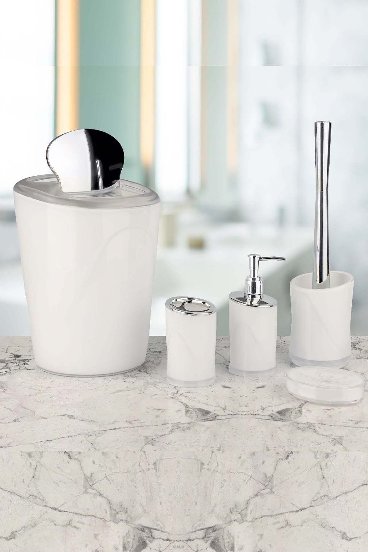 İndecor Akrilik 5 Parça Kromajlı Banyo Seti Beyaz