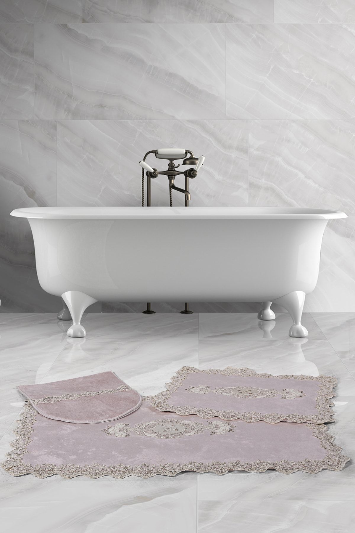 Bonny Home Lisa Köşeli Pudra 3lü Fransız Dantelli Klozet Takımı Çeyizlik Banyo Halısı Paspası Seti